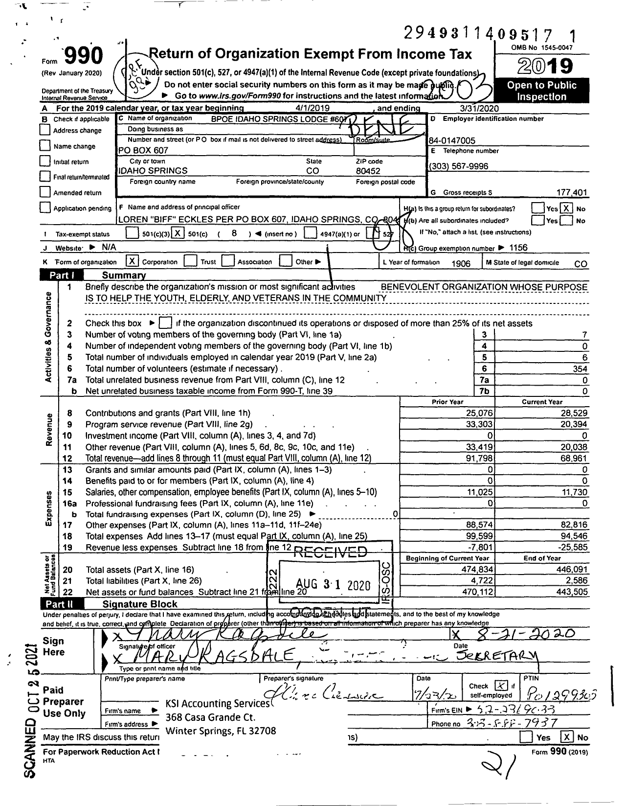 Image of first page of 2019 Form 990O for Benevolent and Protective Order of Elks - 607 Idaho Springs