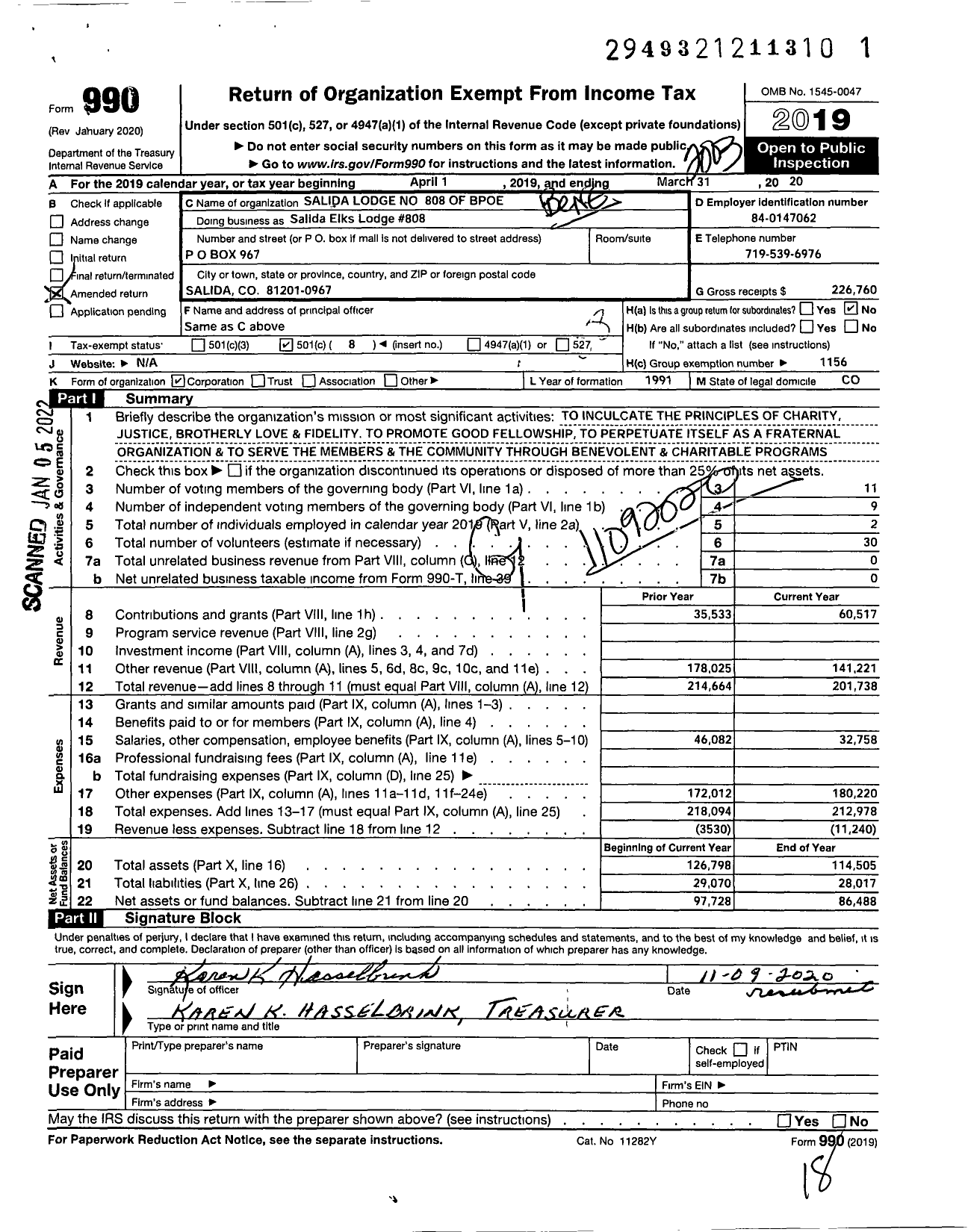 Image of first page of 2019 Form 990O for Benevolent and Protective Order of Elks - 808 Salida