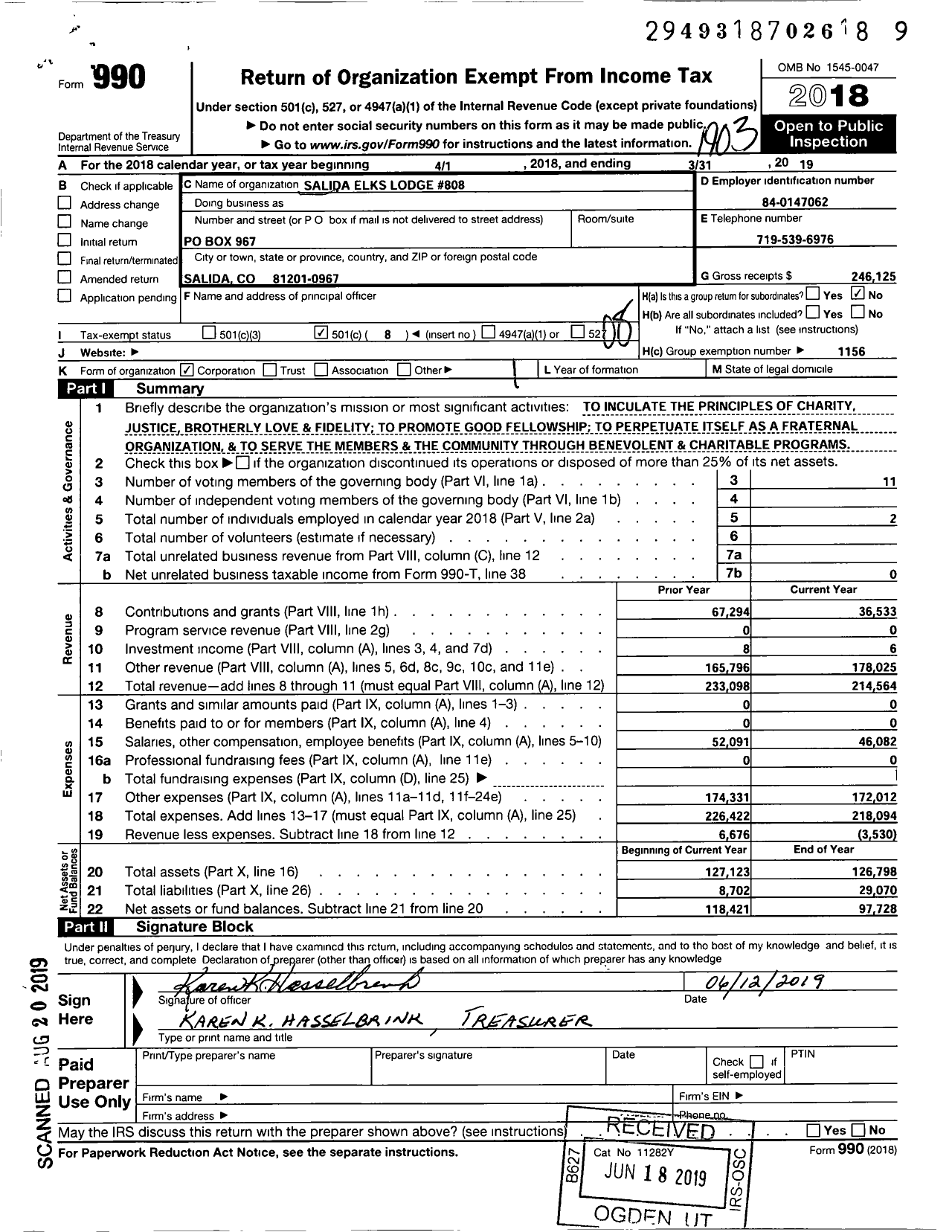 Image of first page of 2018 Form 990O for Benevolent and Protective Order of Elks - 808 Salida