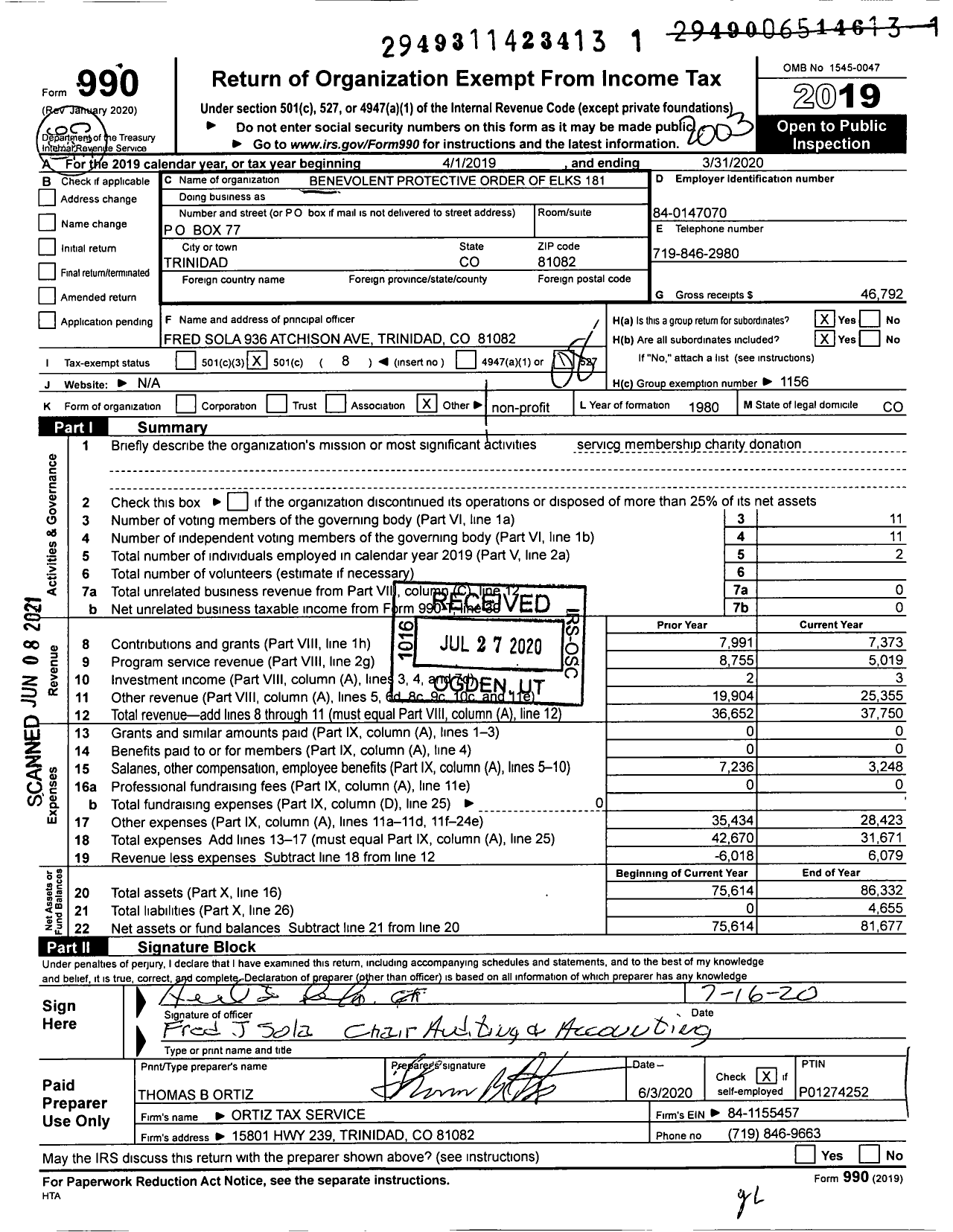 Image of first page of 2019 Form 990O for Benevolent and Protective Order of Elks - 181 Trinidad