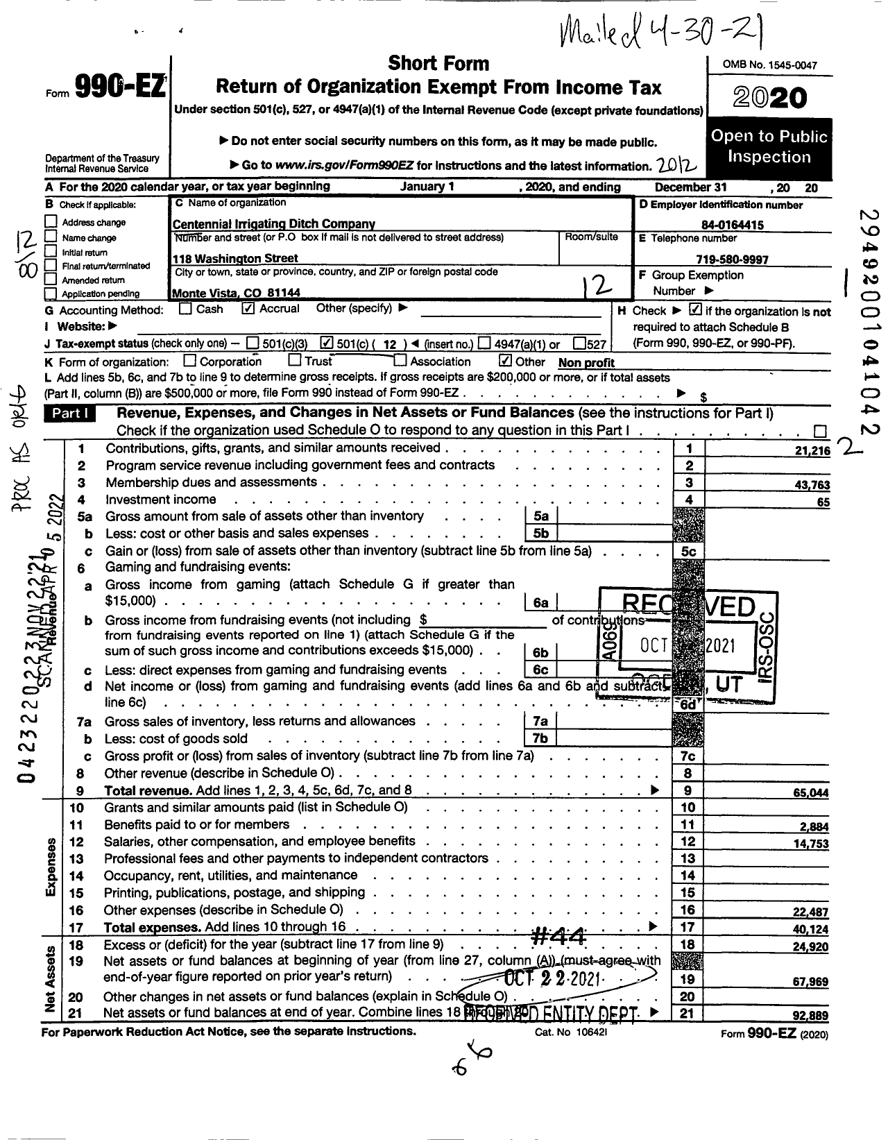 Image of first page of 2020 Form 990EO for Centennial Irrigating Ditch Company