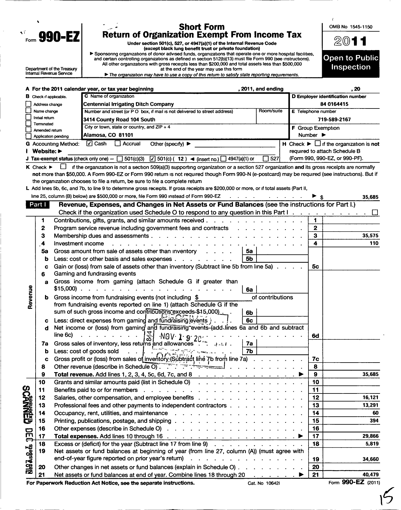 Image of first page of 2011 Form 990EO for Centennial Irrigating Ditch Company