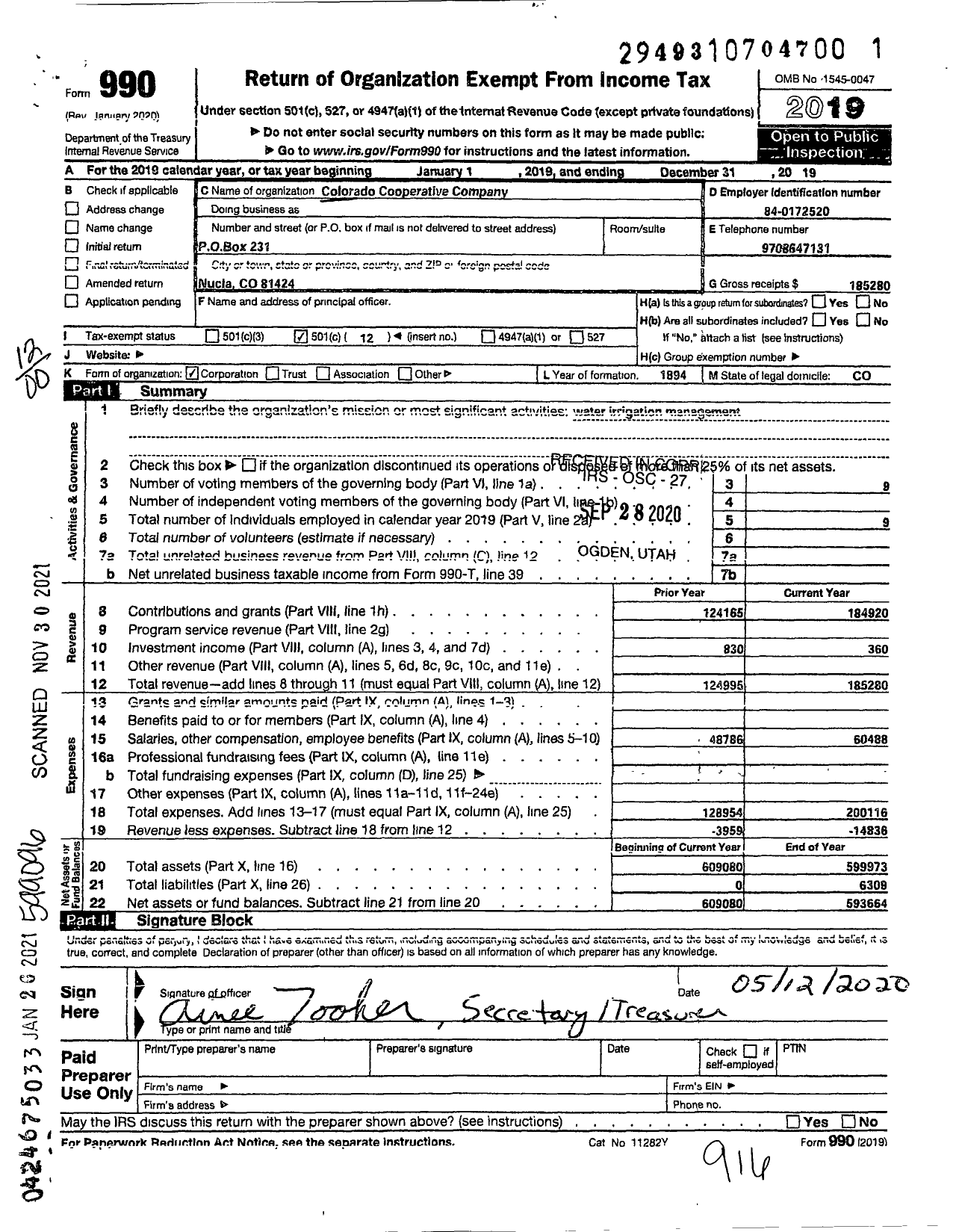 Image of first page of 2019 Form 990O for Colorado Cooperative