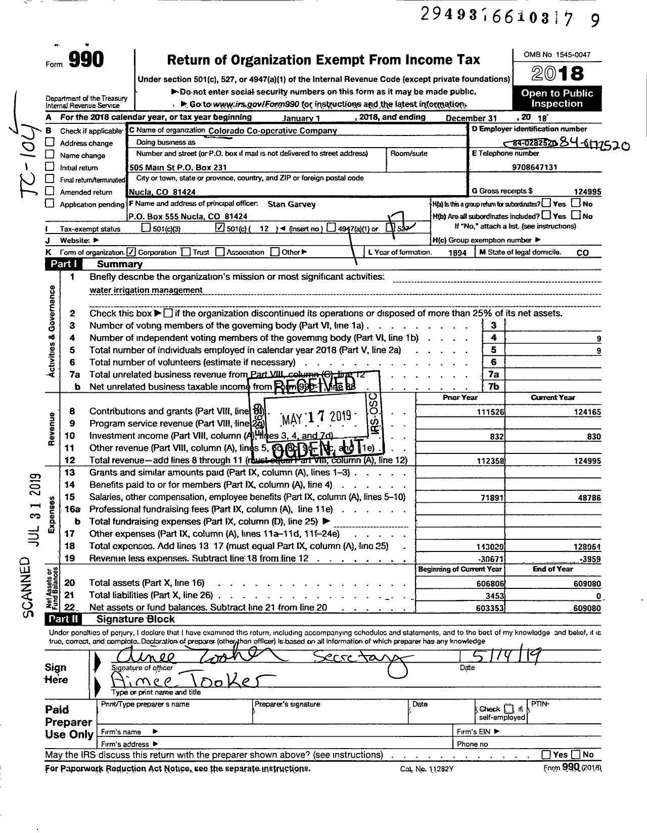 Image of first page of 2018 Form 990O for Colorado Cooperative