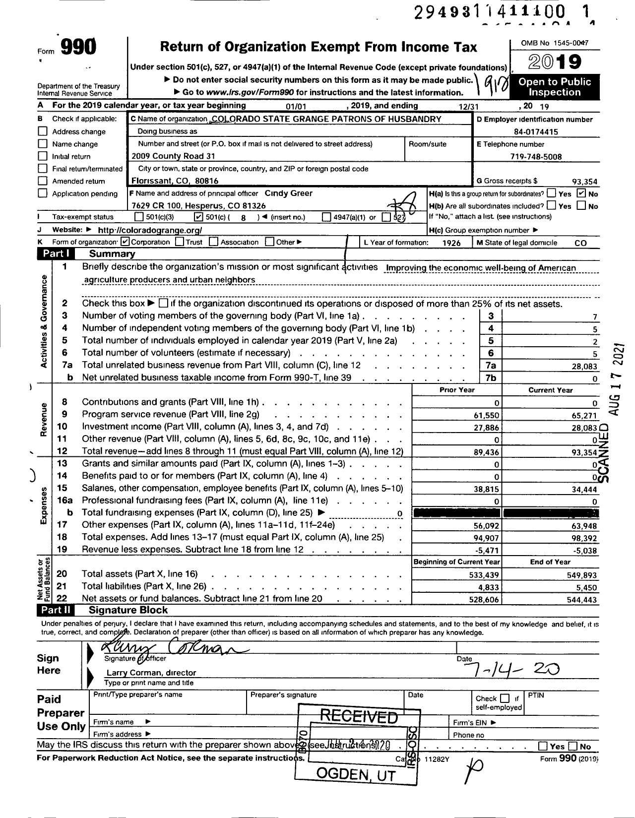 Image of first page of 2019 Form 990O for Colorado State Grange Patrons of Husbandry