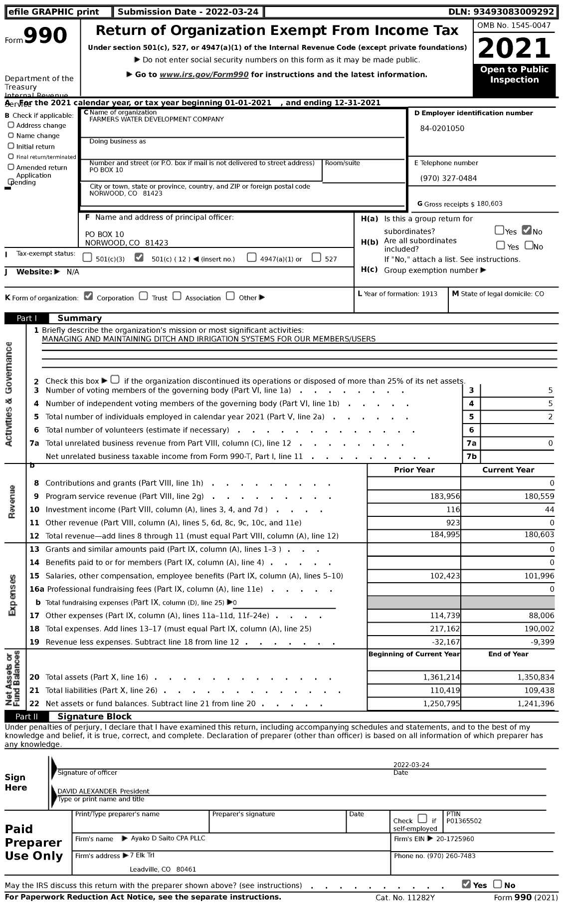 Image of first page of 2021 Form 990 for Farmers' Water Development Company