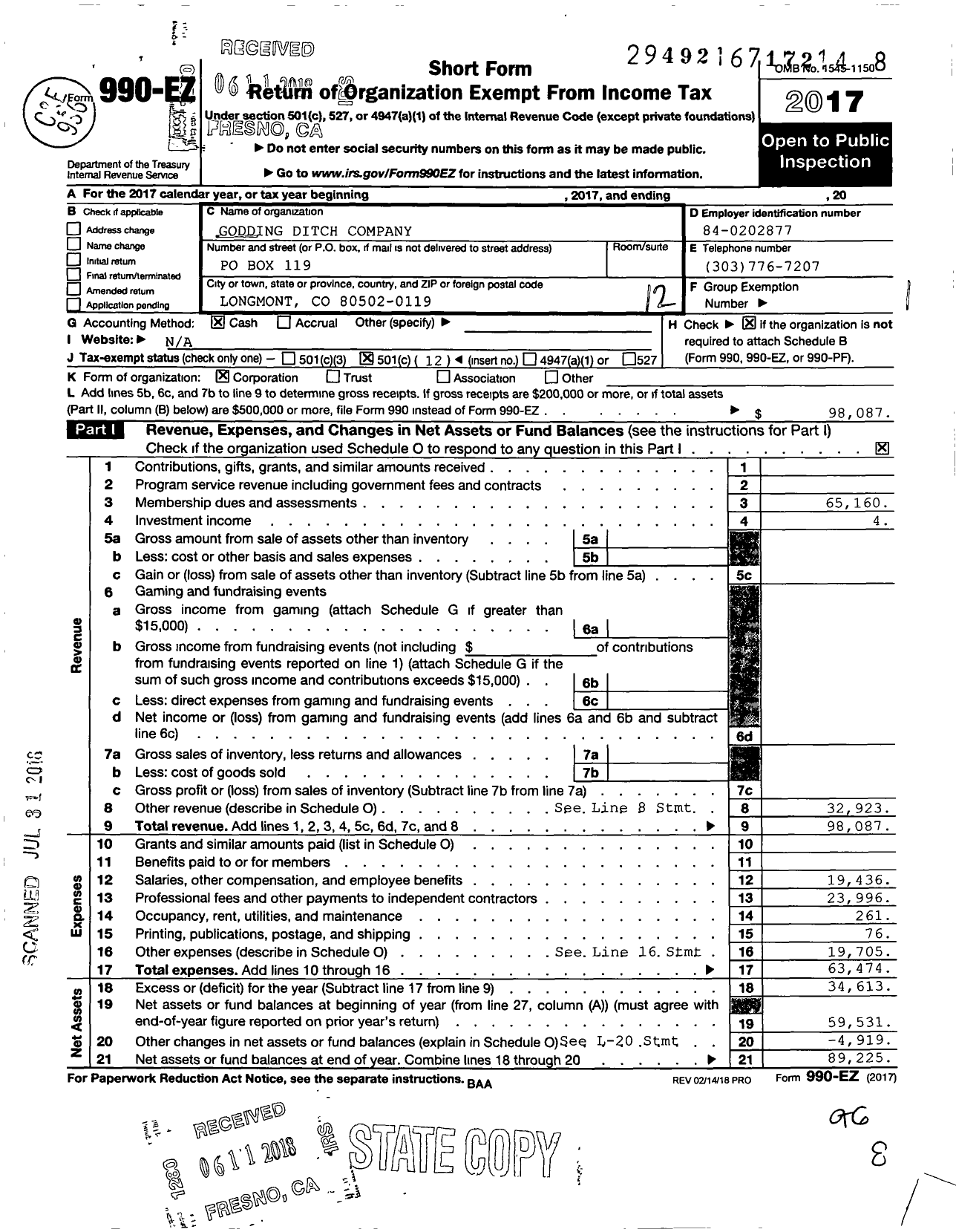 Image of first page of 2017 Form 990EO for Godding Ditch Company