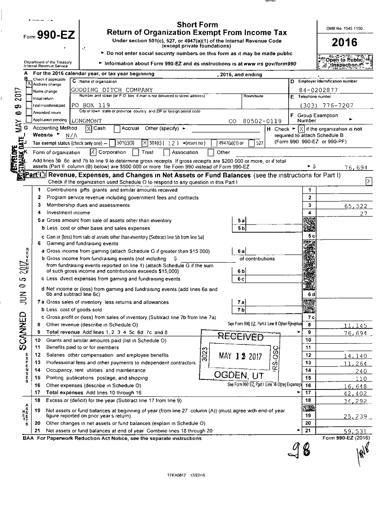 Image of first page of 2016 Form 990EO for Godding Ditch Company