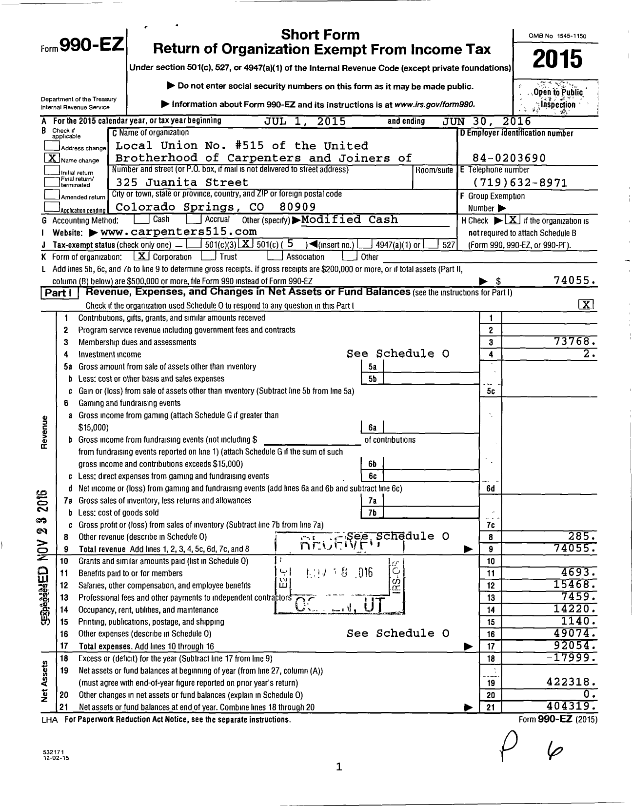 Image of first page of 2015 Form 990EO for United Brotherhood of Carpenters and Joiners Local 515