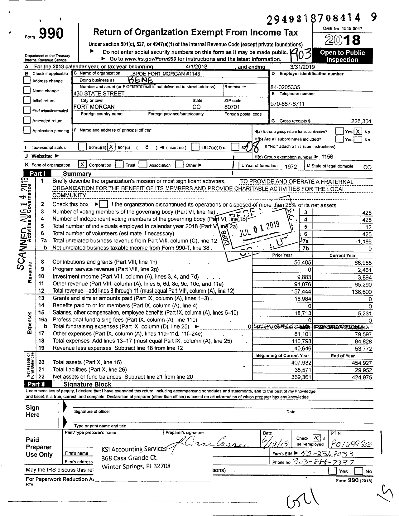 Image of first page of 2018 Form 990O for Benevolent and Protective Order of Elks - 1143 FT Morgan