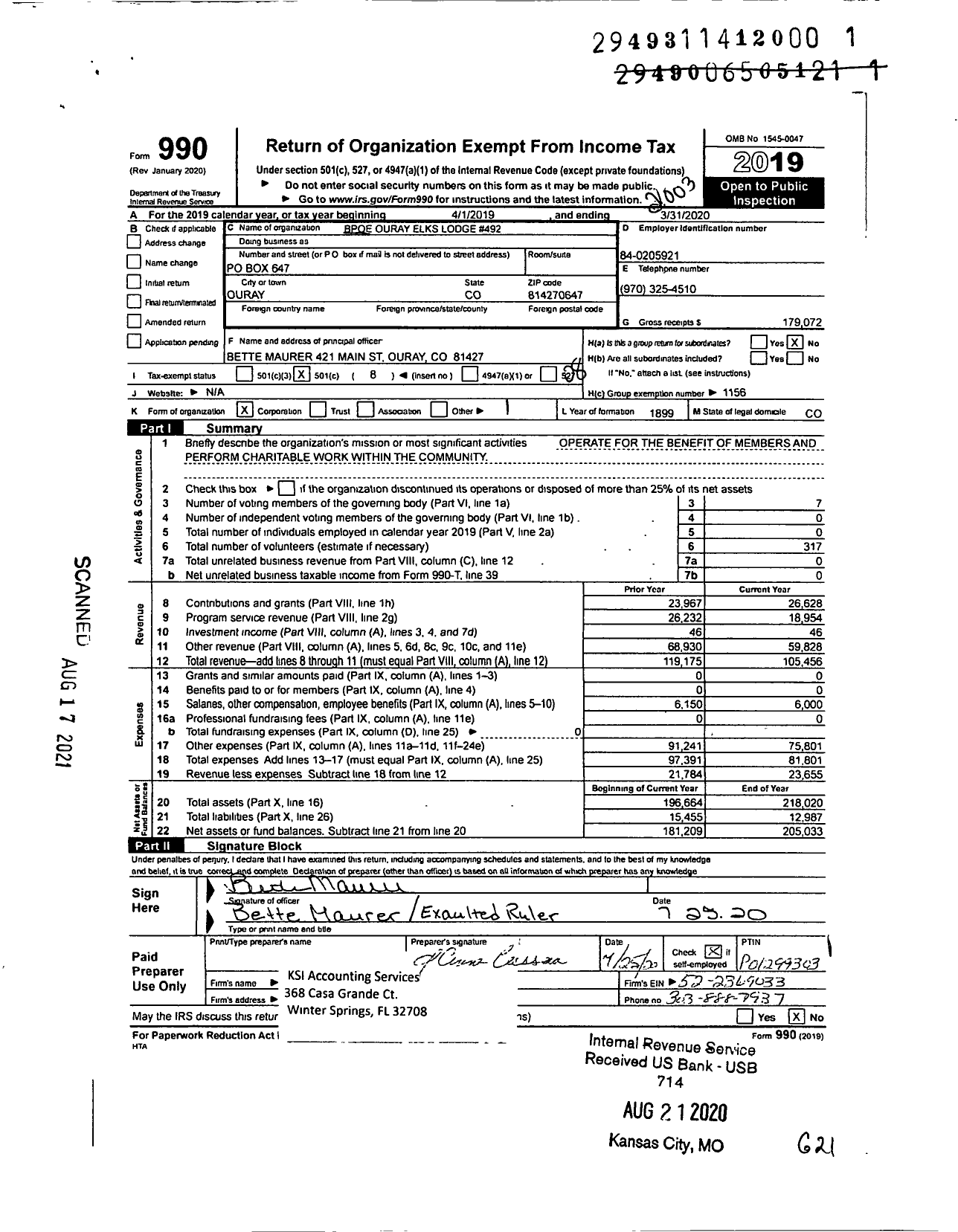 Image of first page of 2019 Form 990O for Benevolent and Protective Order of Elks - 492 Ouray