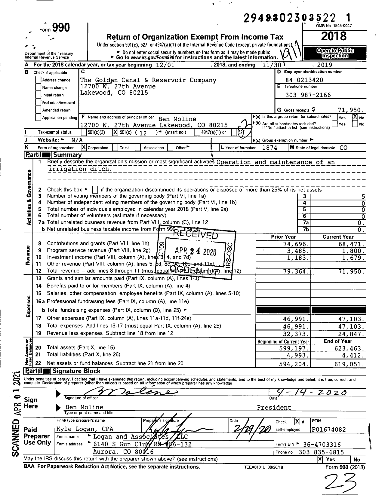 Image of first page of 2018 Form 990 for The Golden Canal and Ditch Company