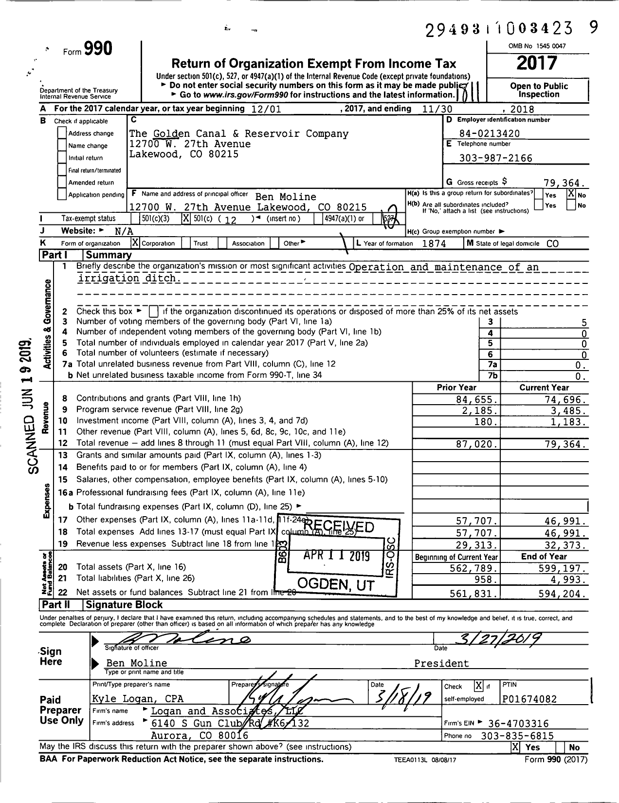 Image of first page of 2017 Form 990O for The Golden Canal and Ditch Company