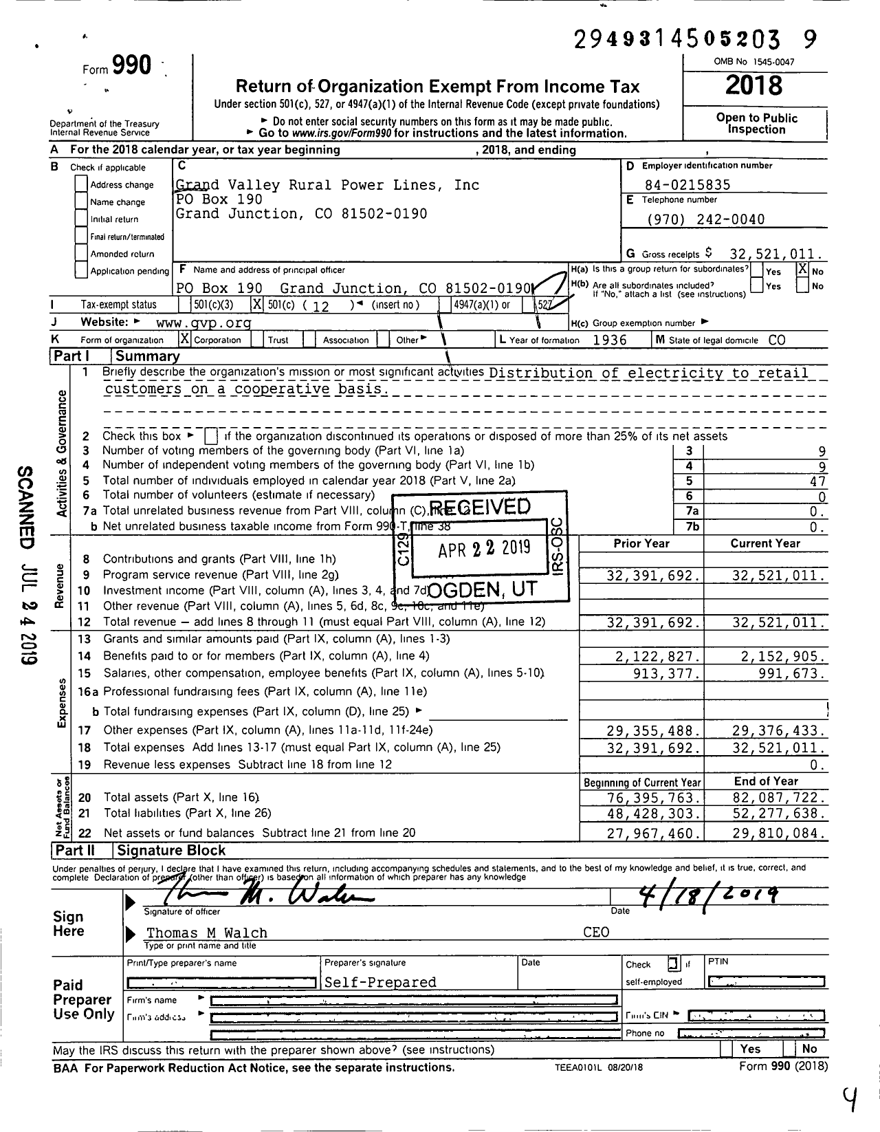 Image of first page of 2018 Form 990O for Grand Valley Rural Power Lines