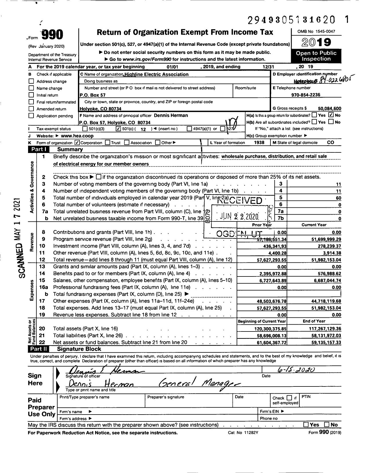 Image of first page of 2019 Form 990O for Highline Electric Association