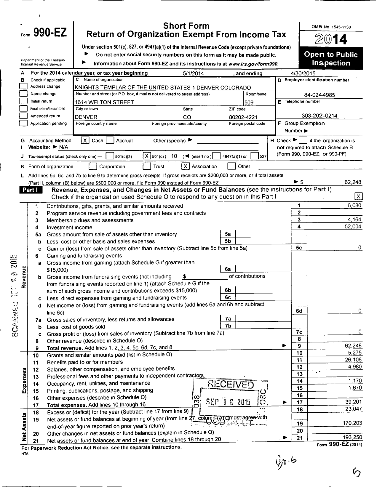 Image of first page of 2014 Form 990EO for Knights Templar - 1 Denver-Colorado Commandery