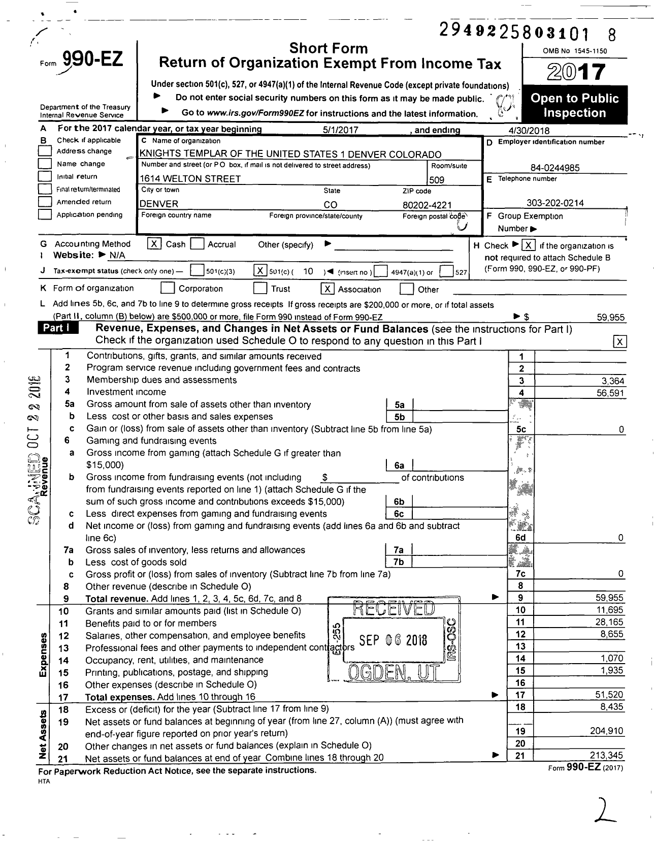 Image of first page of 2017 Form 990EO for Knights Templar - 1 Denver-Colorado Commandery