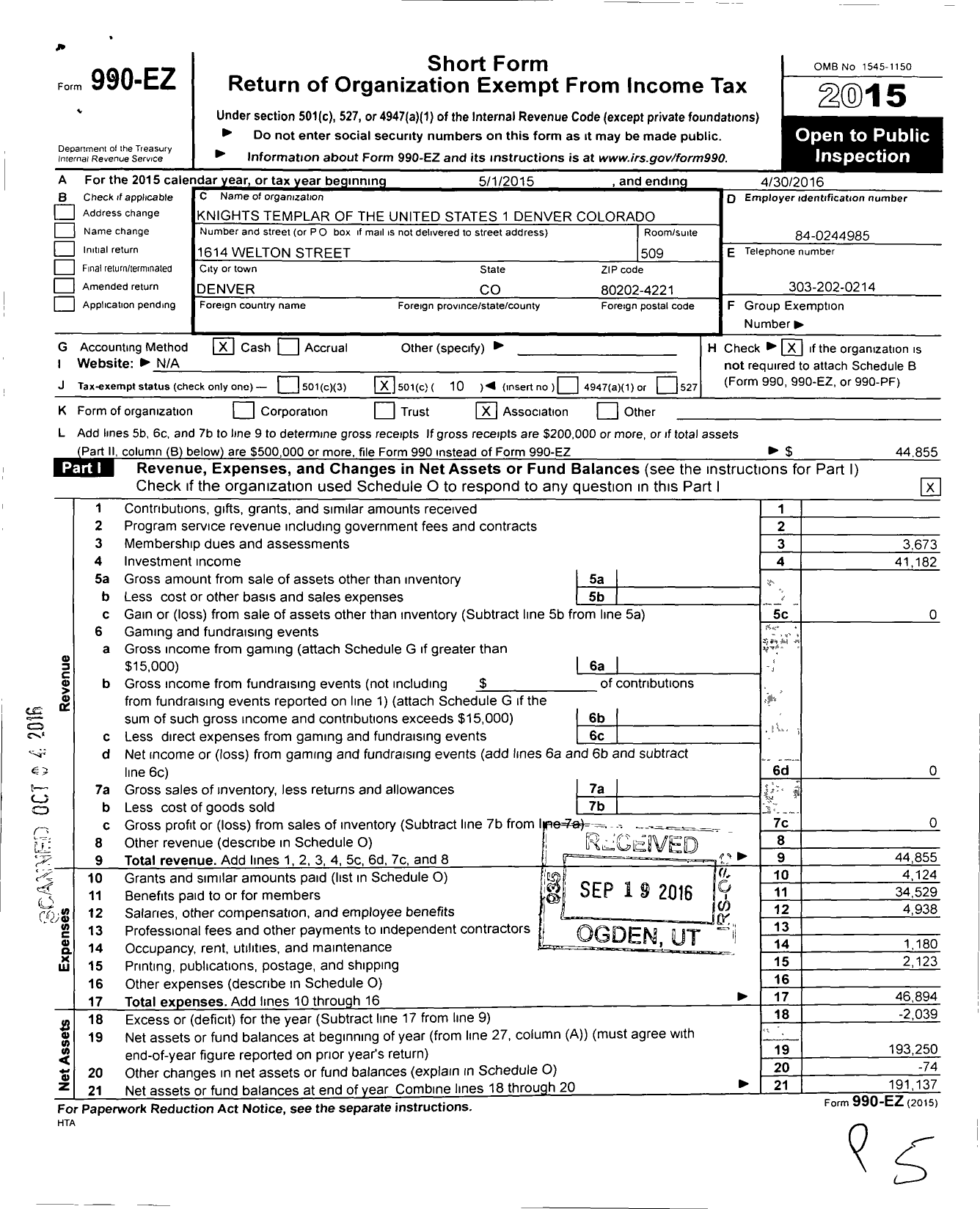 Image of first page of 2015 Form 990EO for Knights Templar - 1 Denver-Colorado Commandery