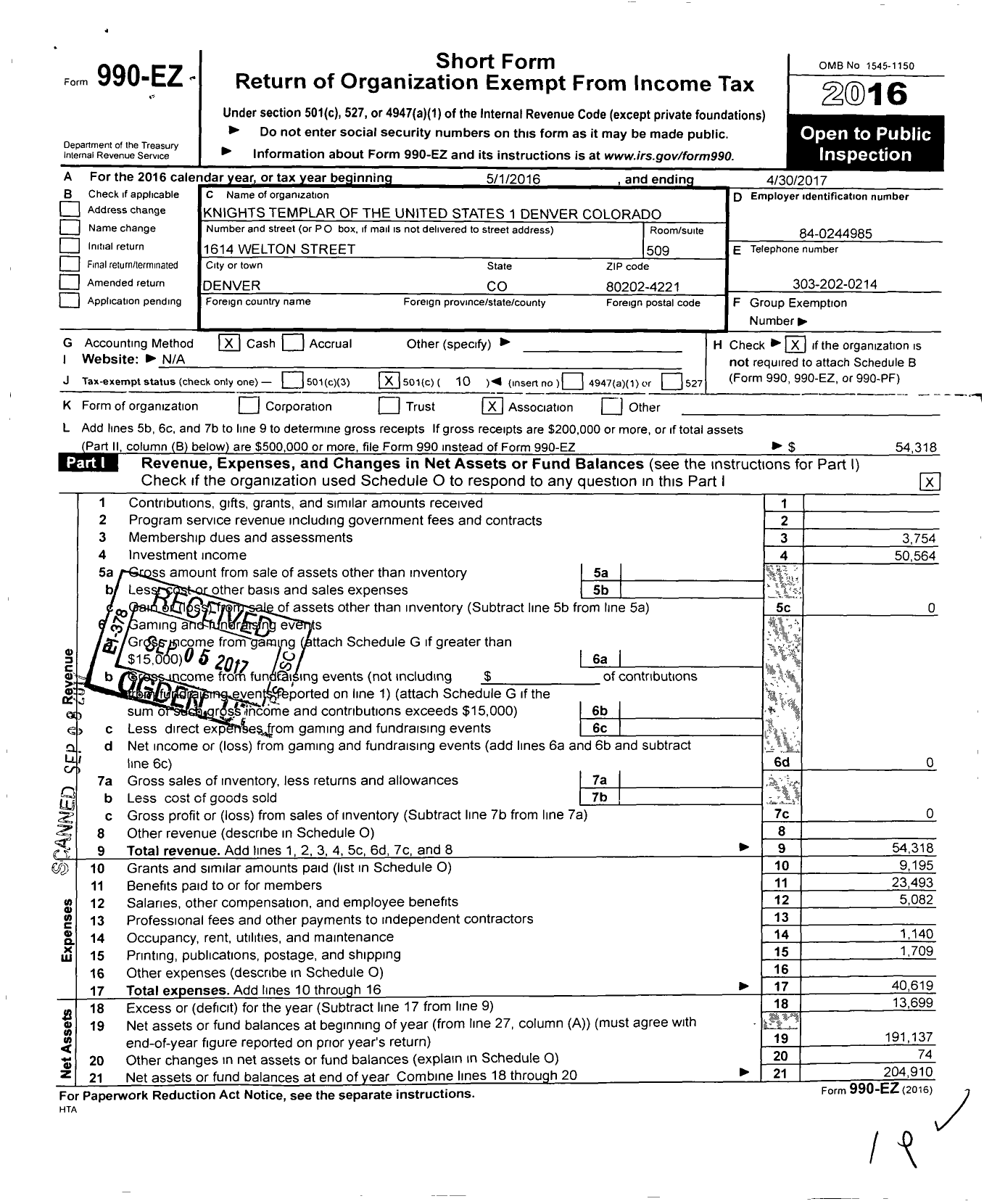 Image of first page of 2016 Form 990EO for Knights Templar - 1 Denver-Colorado Commandery