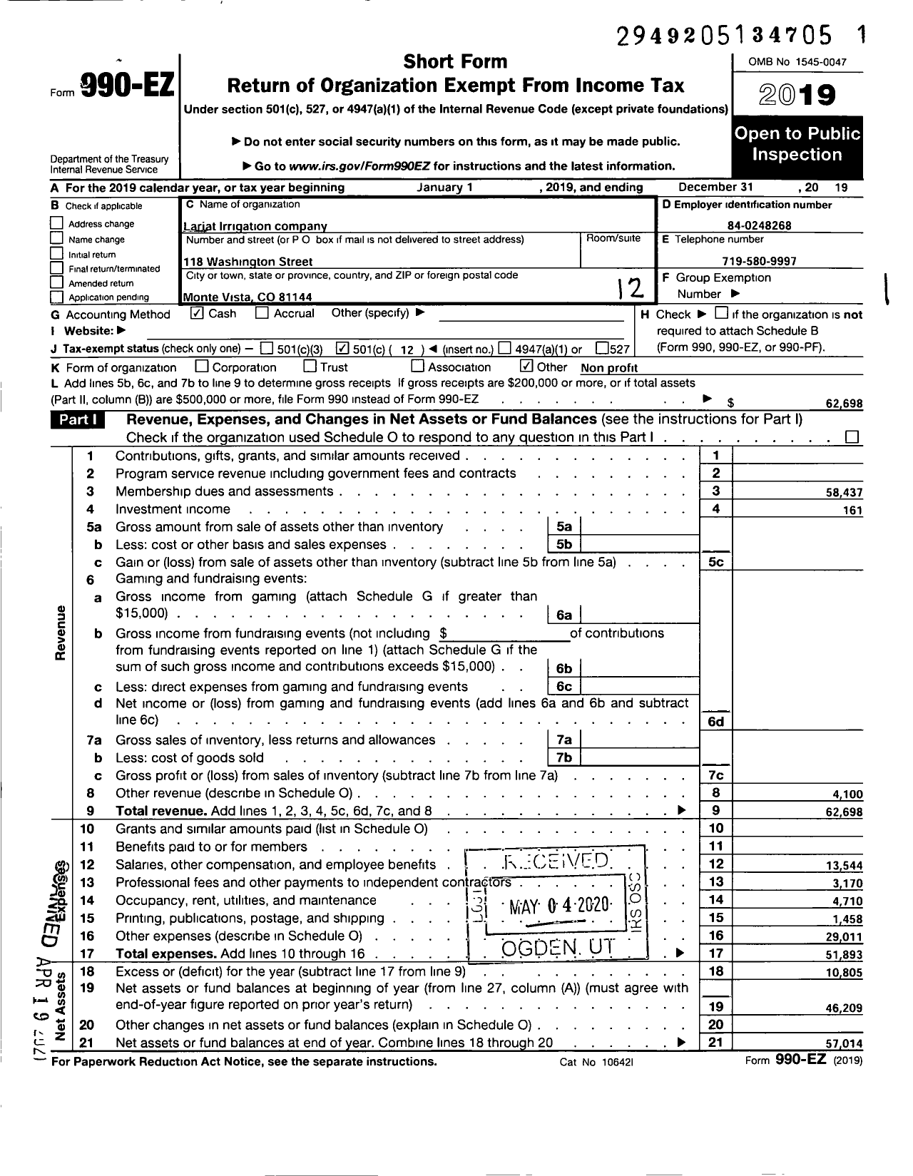 Image of first page of 2019 Form 990EO for Lariat Irrigation Company