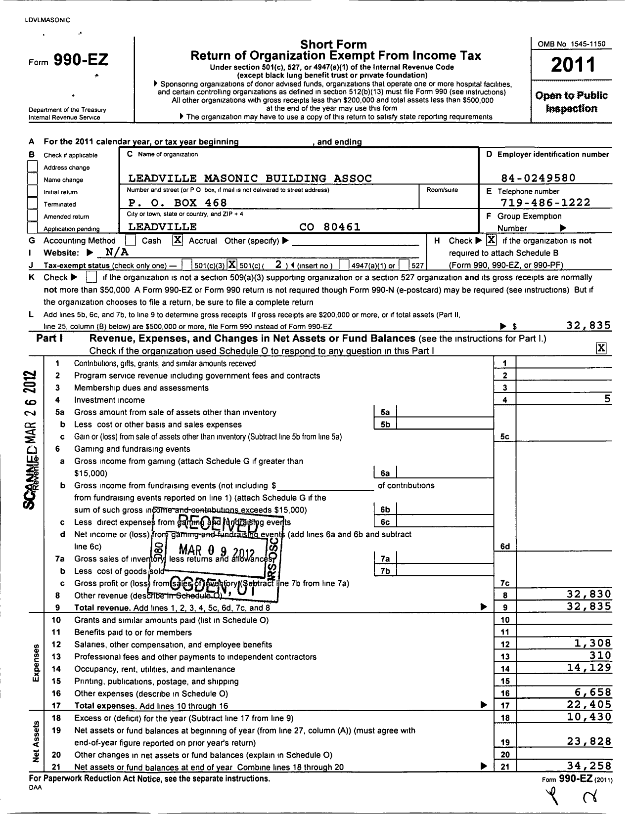 Image of first page of 2011 Form 990O for Leadville Masonic BDG Association