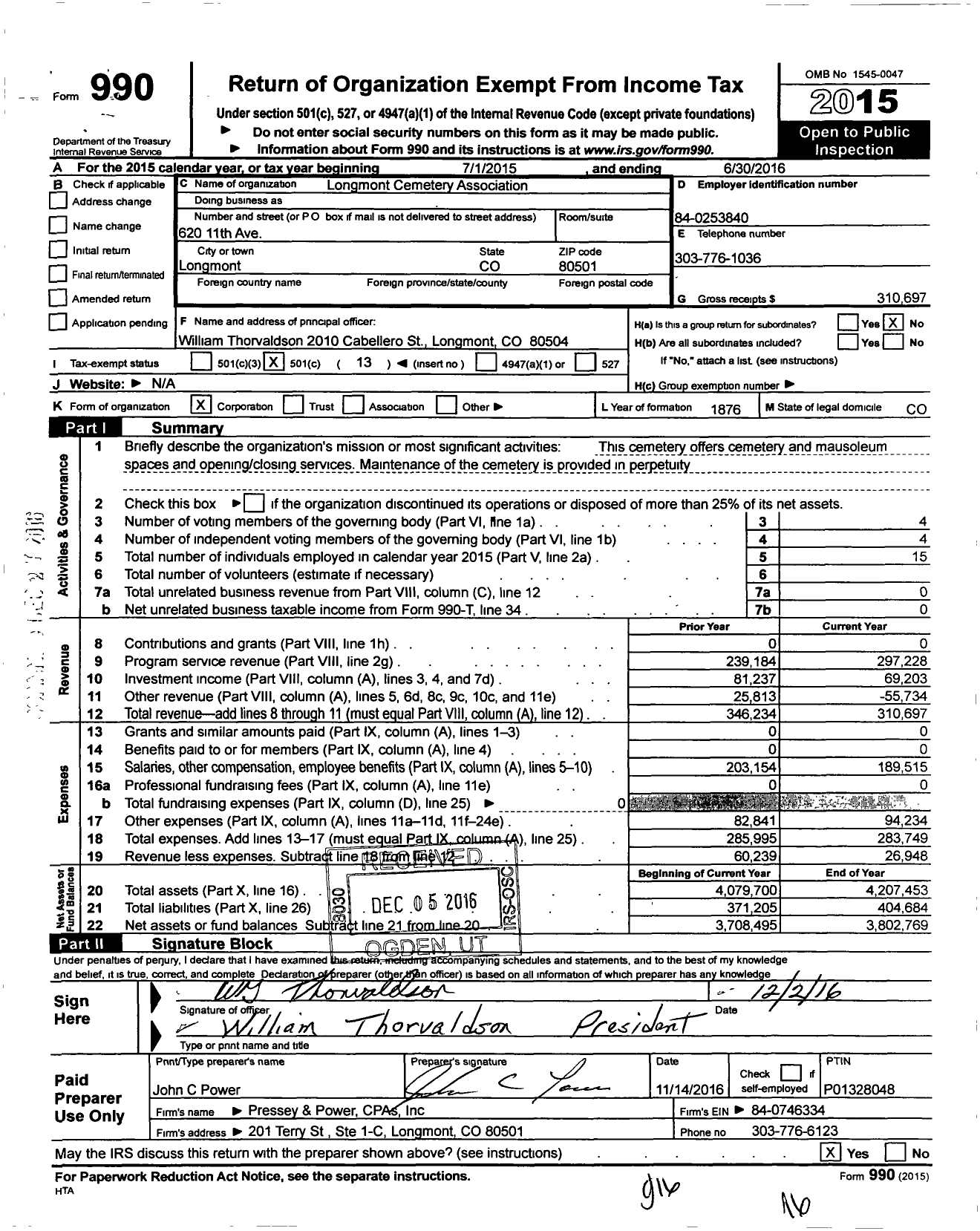 Image of first page of 2015 Form 990O for Longmont Cemetery Association