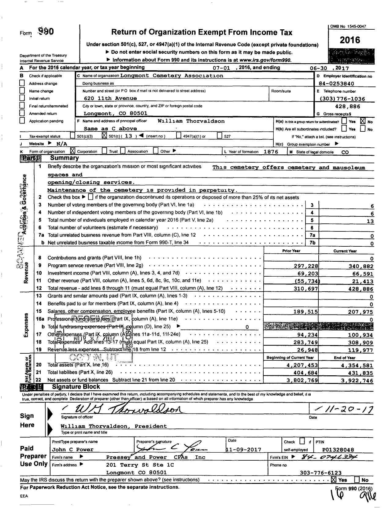 Image of first page of 2016 Form 990O for Longmont Cemetery Association