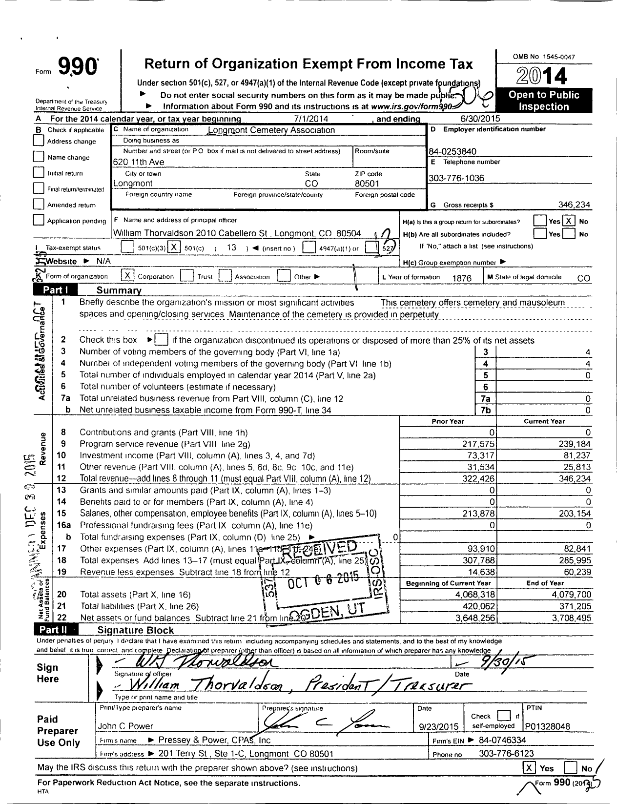 Image of first page of 2014 Form 990O for Longmont Cemetery Association
