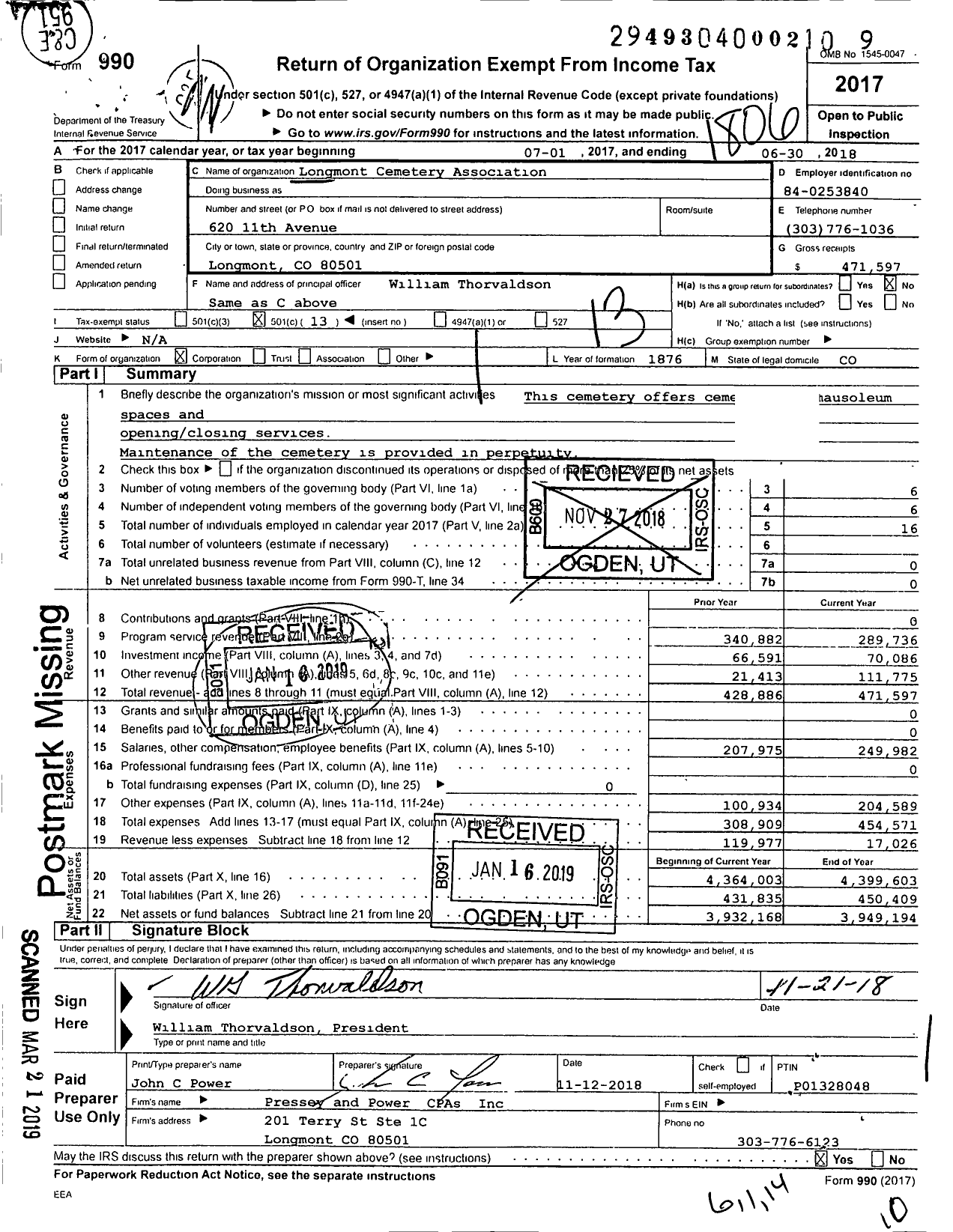 Image of first page of 2017 Form 990O for Longmont Cemetery Association