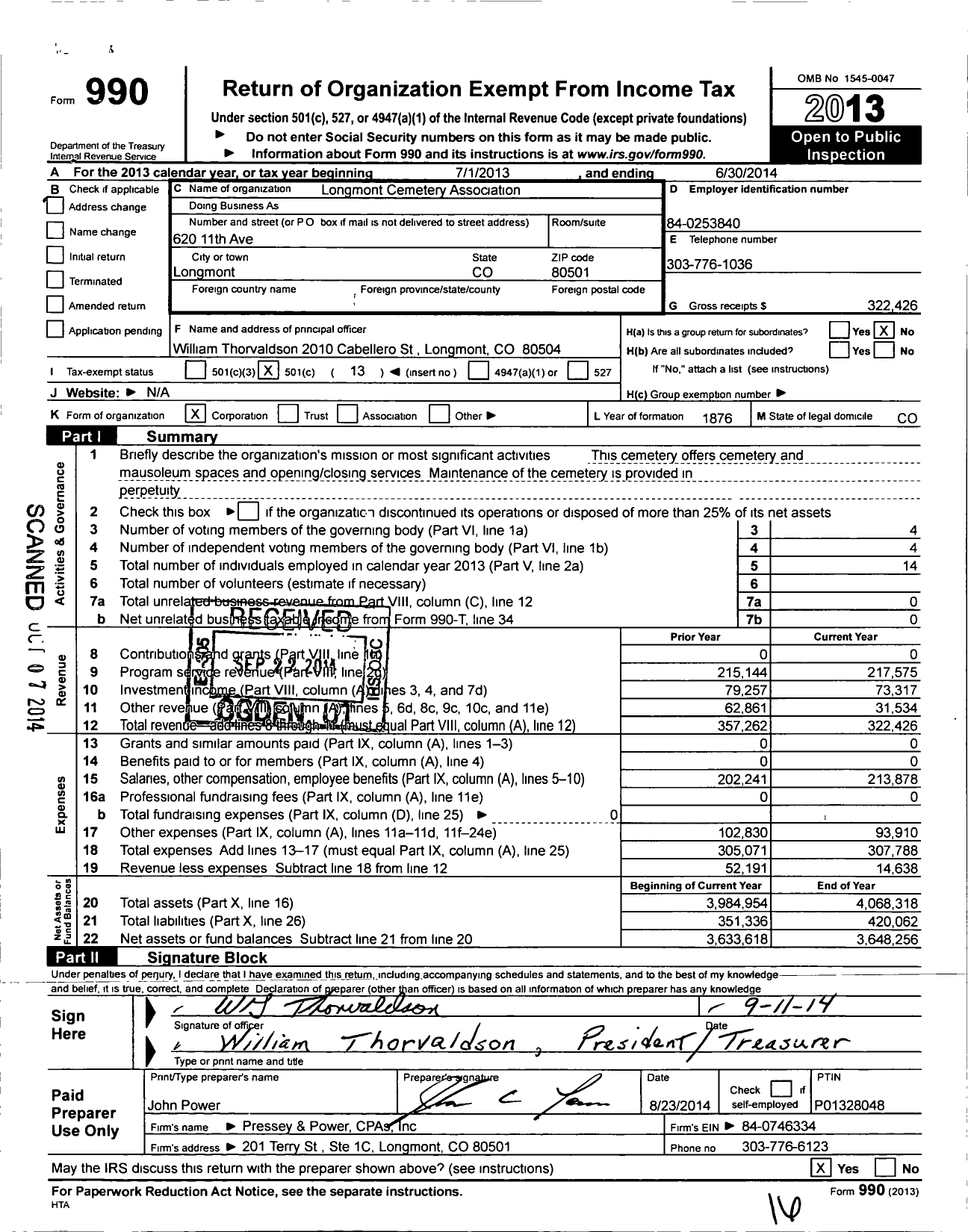 Image of first page of 2013 Form 990O for Longmont Cemetery Association