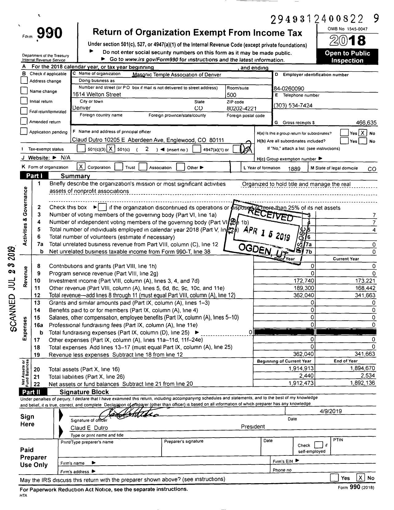 Image of first page of 2018 Form 990O for Masonic Temple Association of Denver