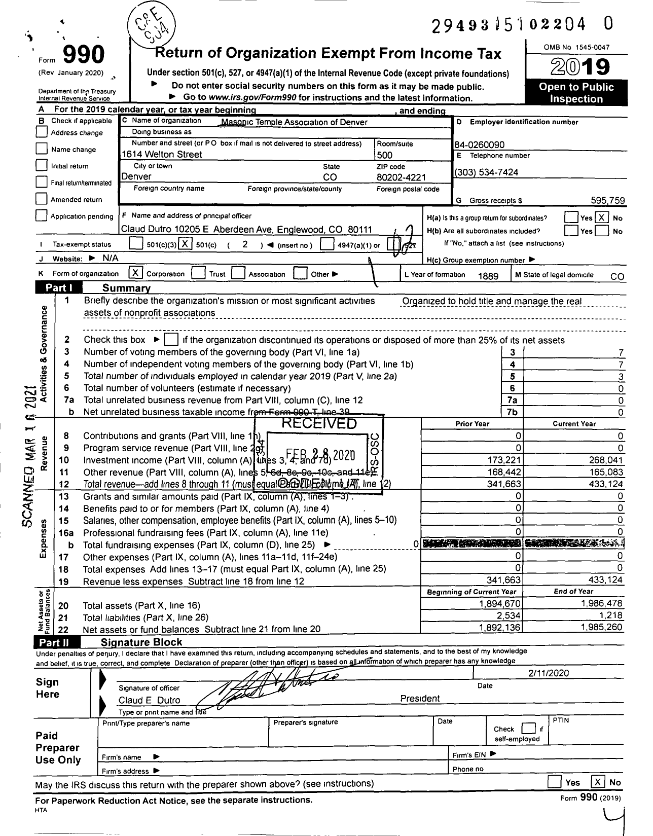 Image of first page of 2019 Form 990O for Masonic Temple Association of Denver