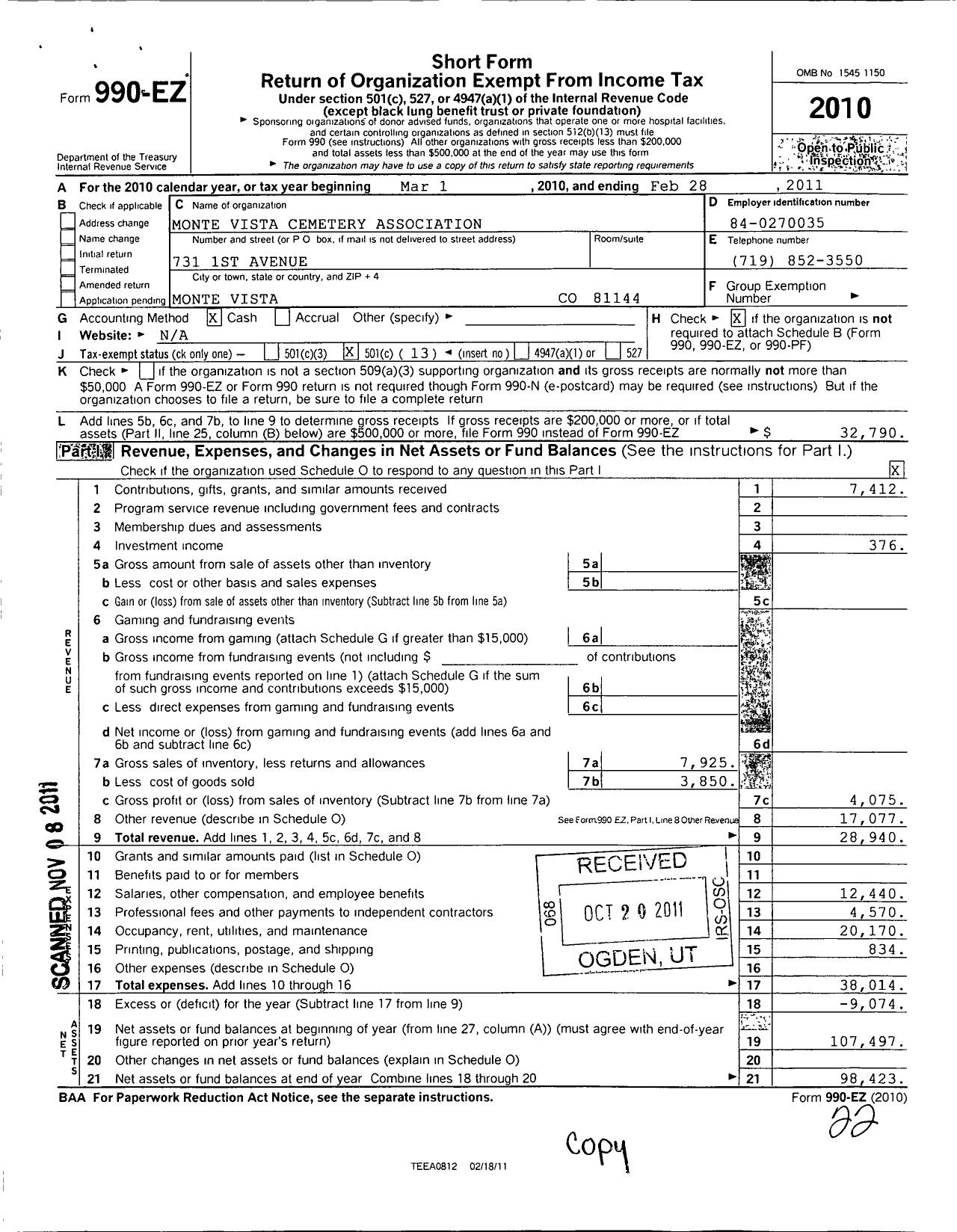 Image of first page of 2010 Form 990EO for Monte Vista Cemetery Association