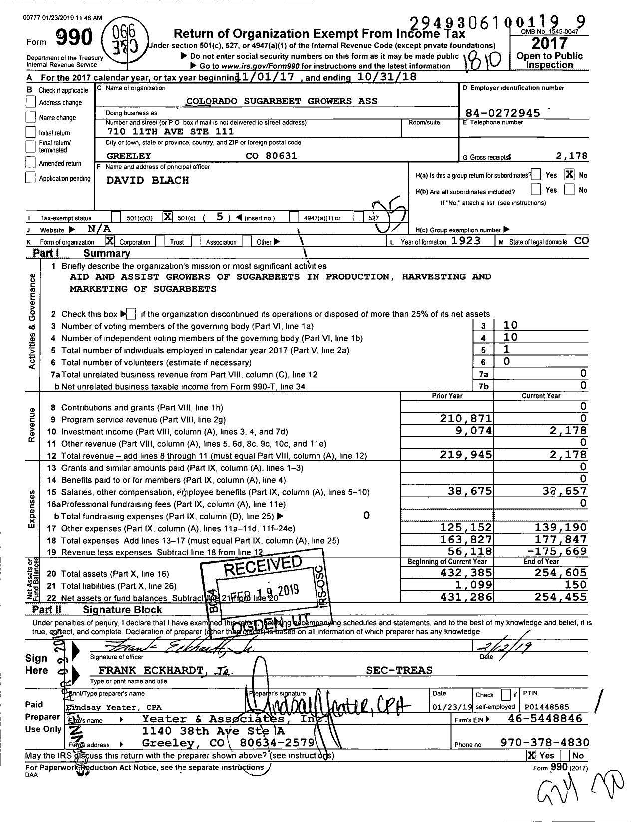Image of first page of 2017 Form 990O for Colorado Sugarbeet Growers Association
