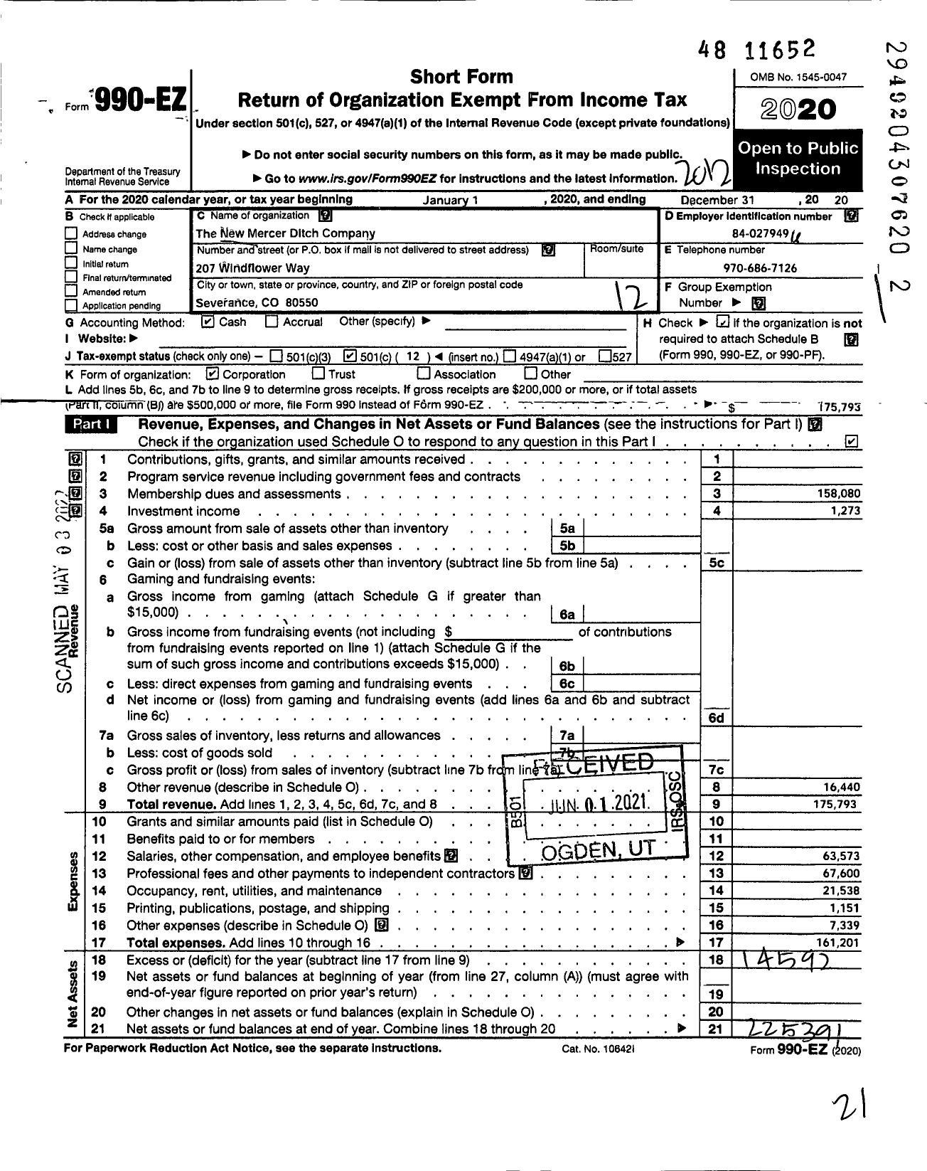 Image of first page of 2020 Form 990EO for The New Mercer Ditch Company