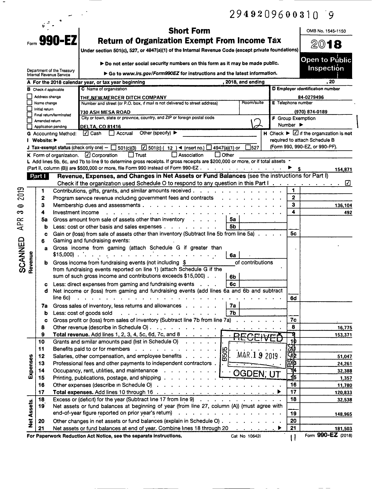 Image of first page of 2018 Form 990EO for The New Mercer Ditch Company