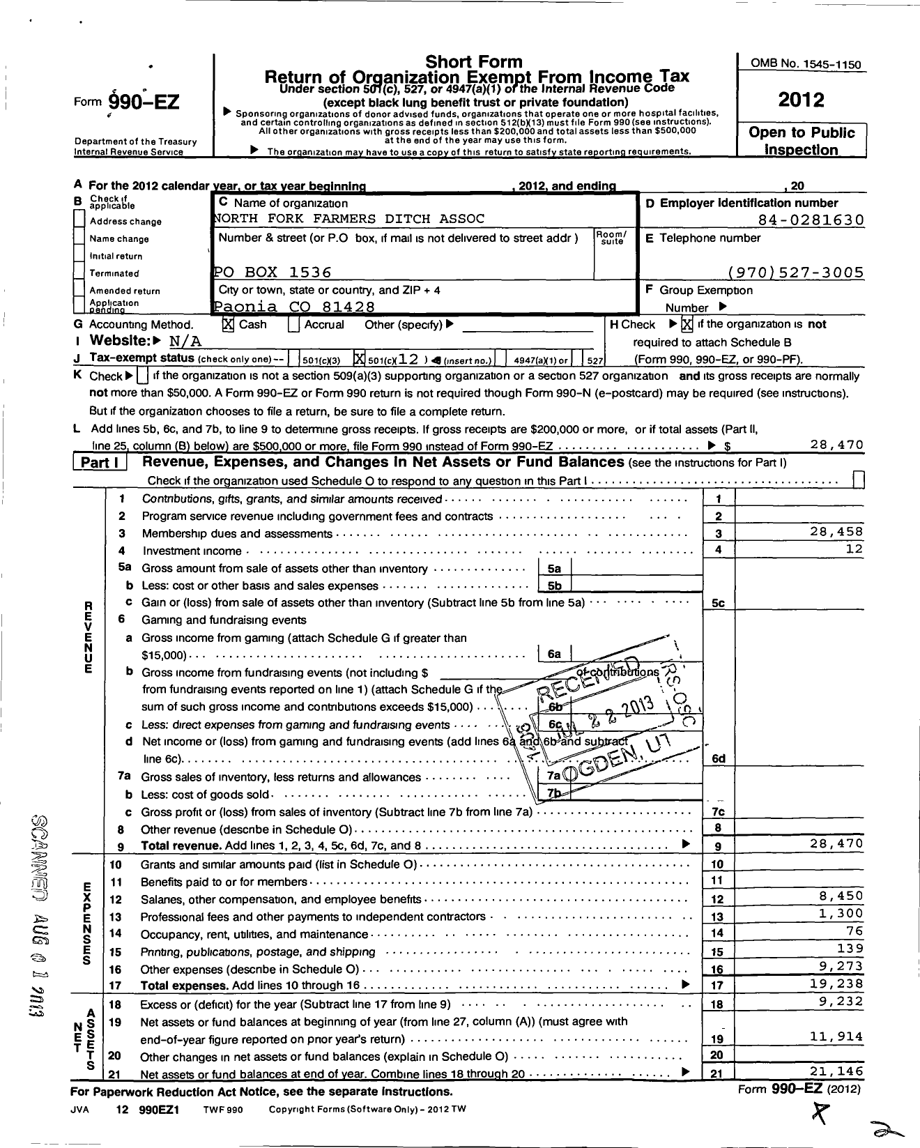 Image of first page of 2012 Form 990EO for North Fork Farmers Ditch Association