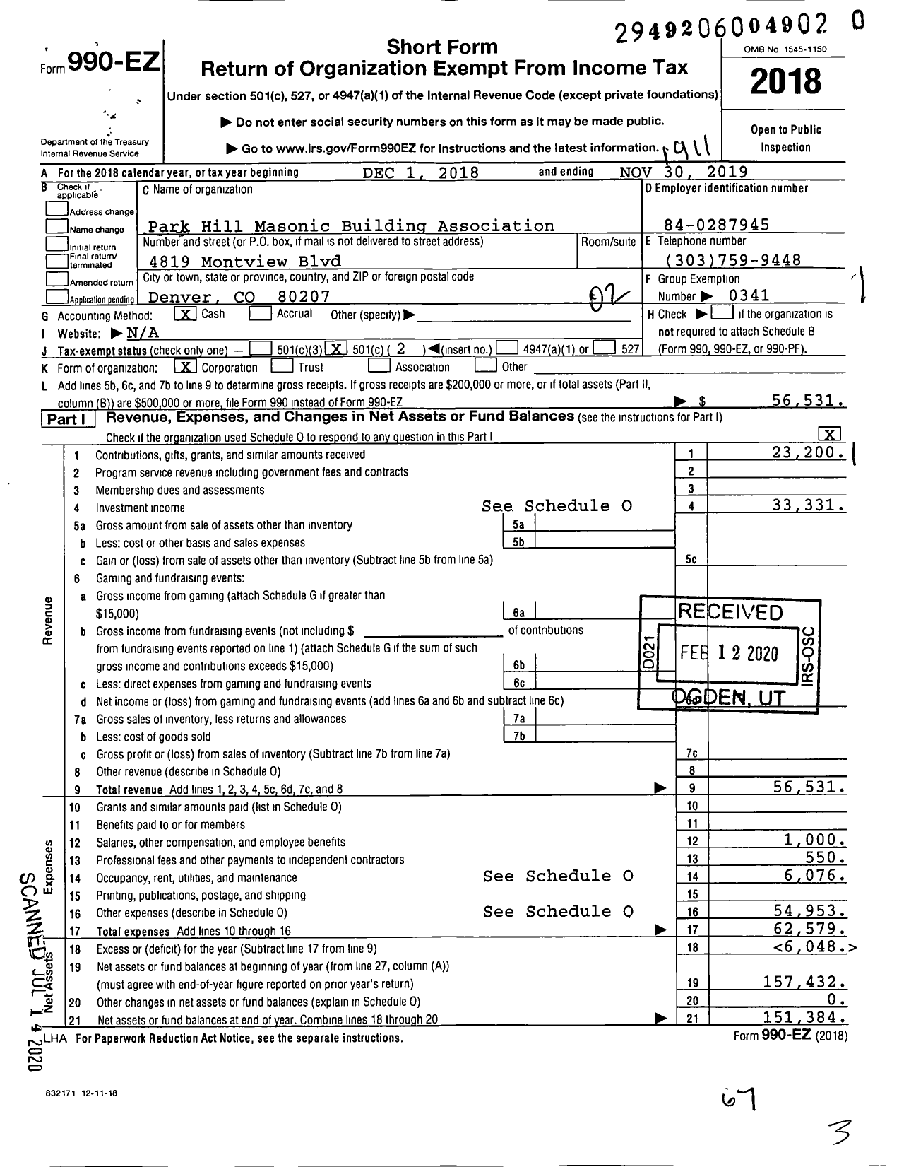 Image of first page of 2018 Form 990EO for Park Hill Masonic Building Assn