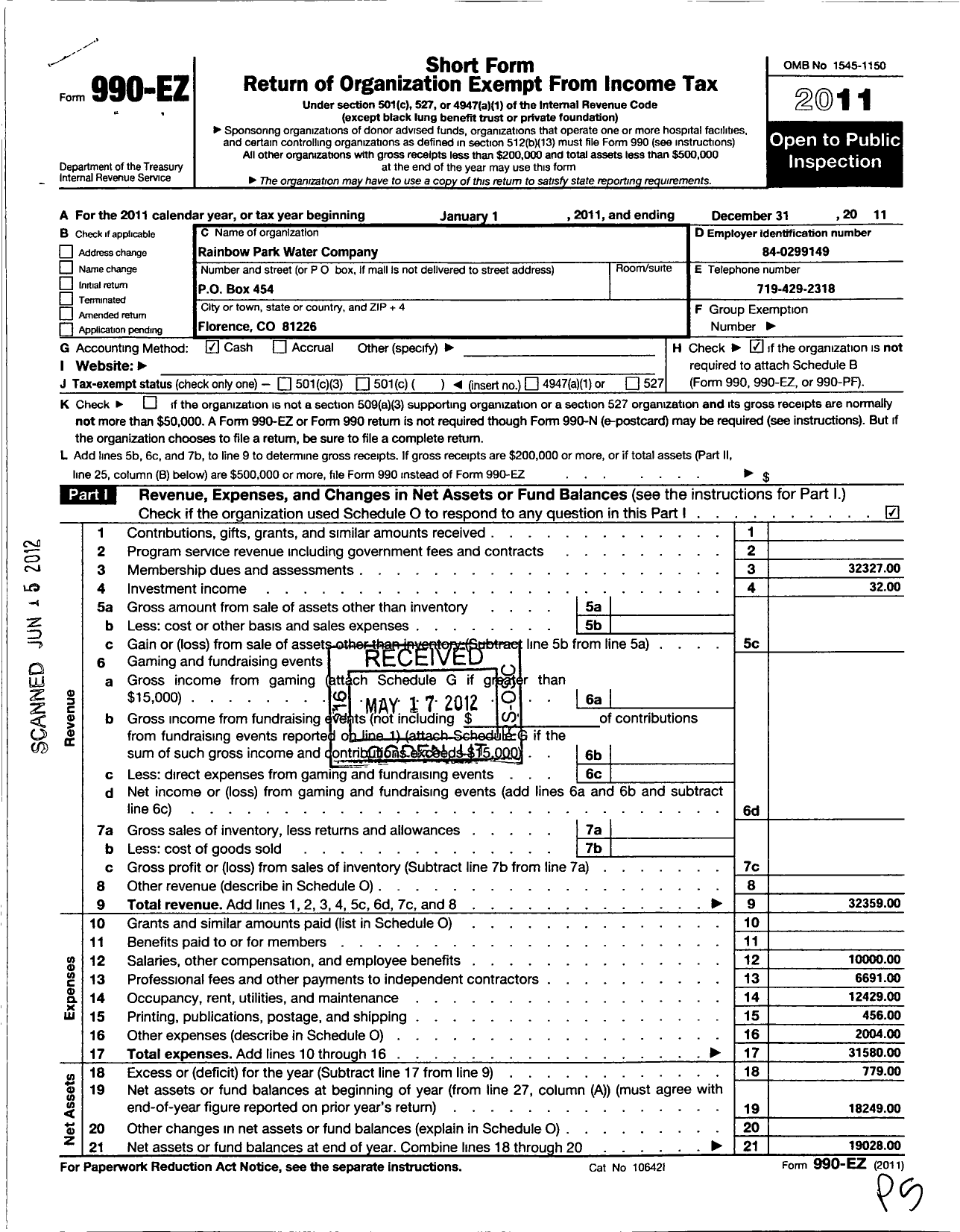 Image of first page of 2011 Form 990EO for Rainbow Park Water Company