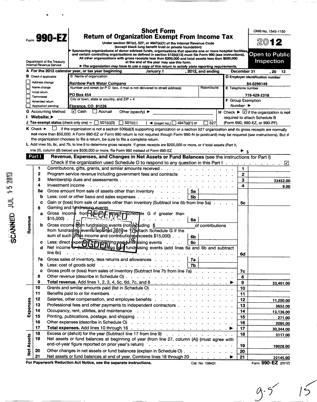 Image of first page of 2012 Form 990EO for Rainbow Park Water Company