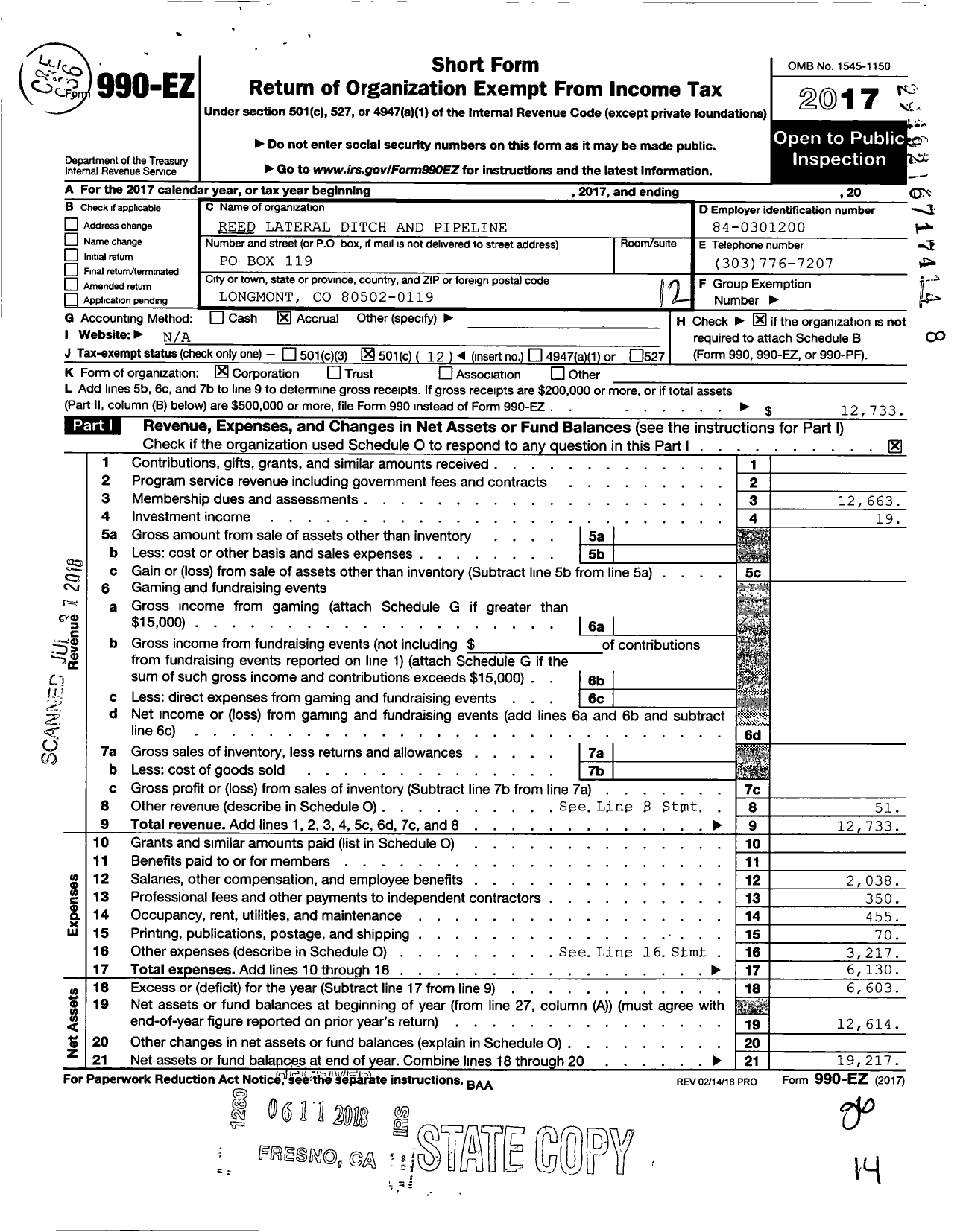 Image of first page of 2017 Form 990EO for Reed Lateral Ditch and Pipeline Company