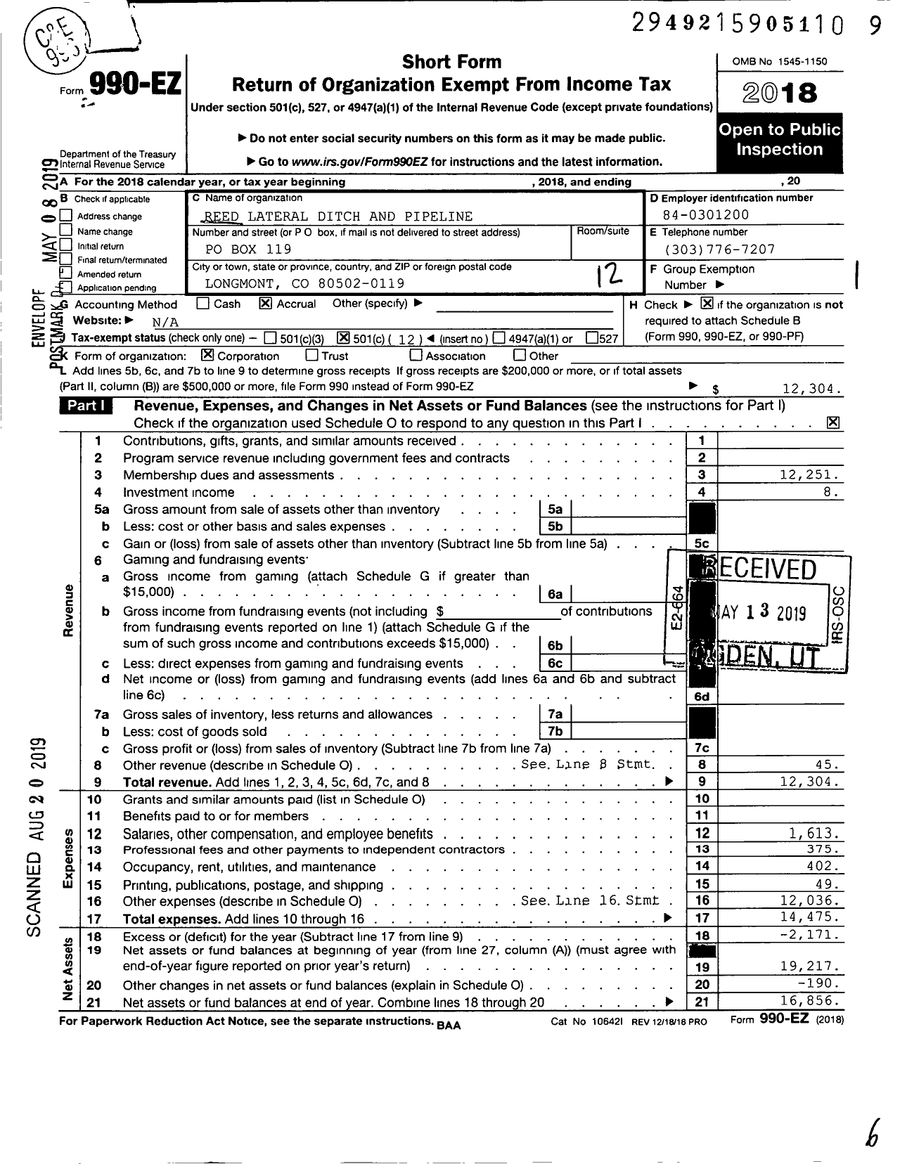 Image of first page of 2018 Form 990EO for Reed Lateral Ditch and Pipeline Company