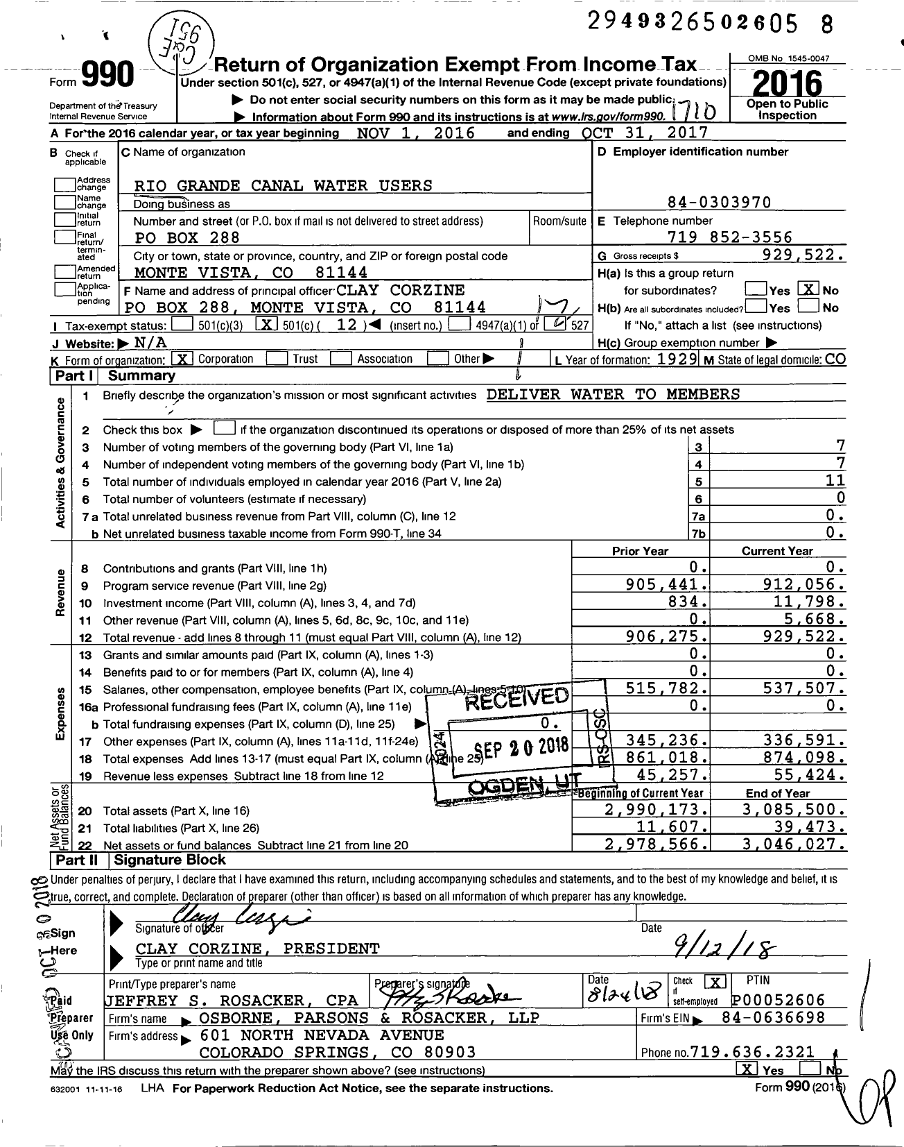 Image of first page of 2016 Form 990O for Rio Grande Canal Water Users