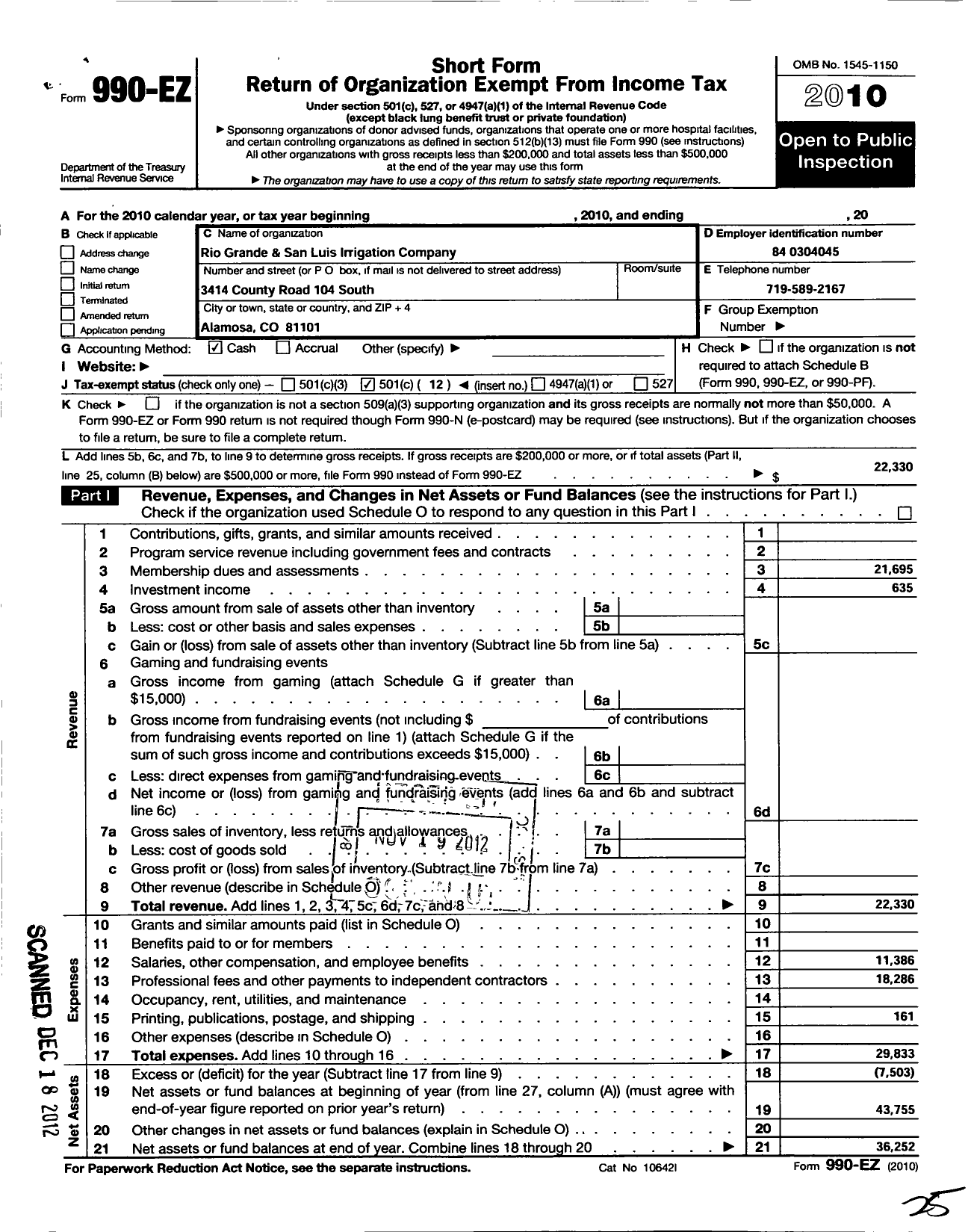 Image of first page of 2010 Form 990EO for Rio Grande and San Luis Irrigation Company