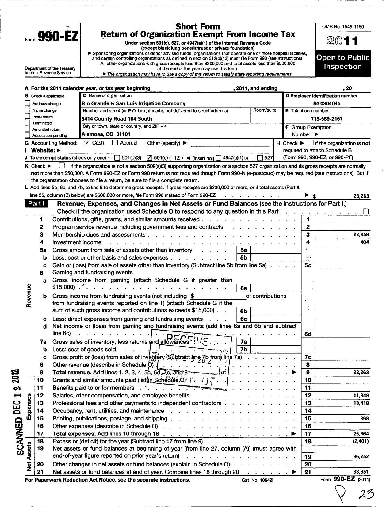 Image of first page of 2011 Form 990EO for Rio Grande and San Luis Irrigation Company