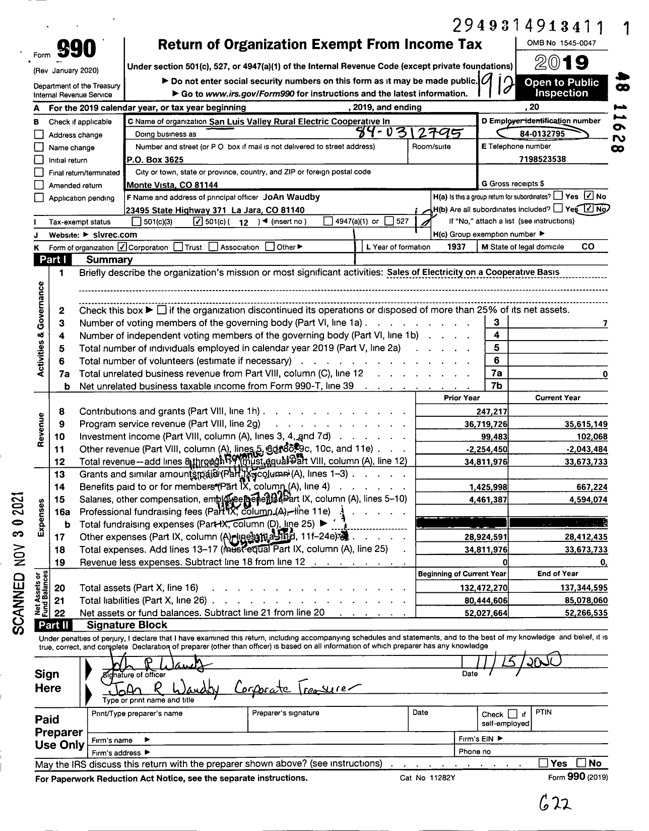 Image of first page of 2019 Form 990O for San Luis Valley Rural Electric Cooperative