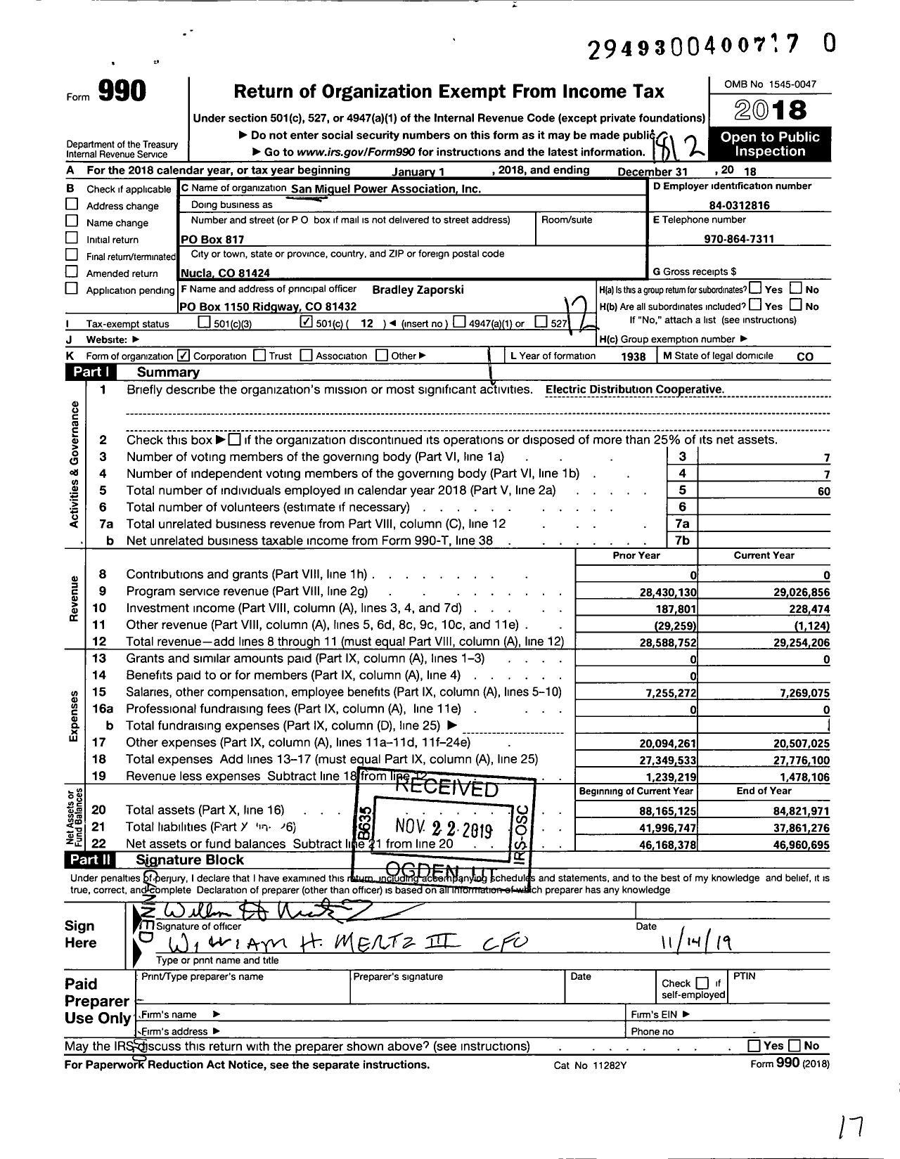 Image of first page of 2018 Form 990O for San Miguel Power Association