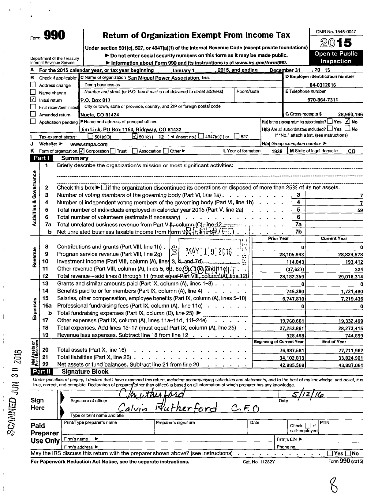 Image of first page of 2015 Form 990O for San Miguel Power Association