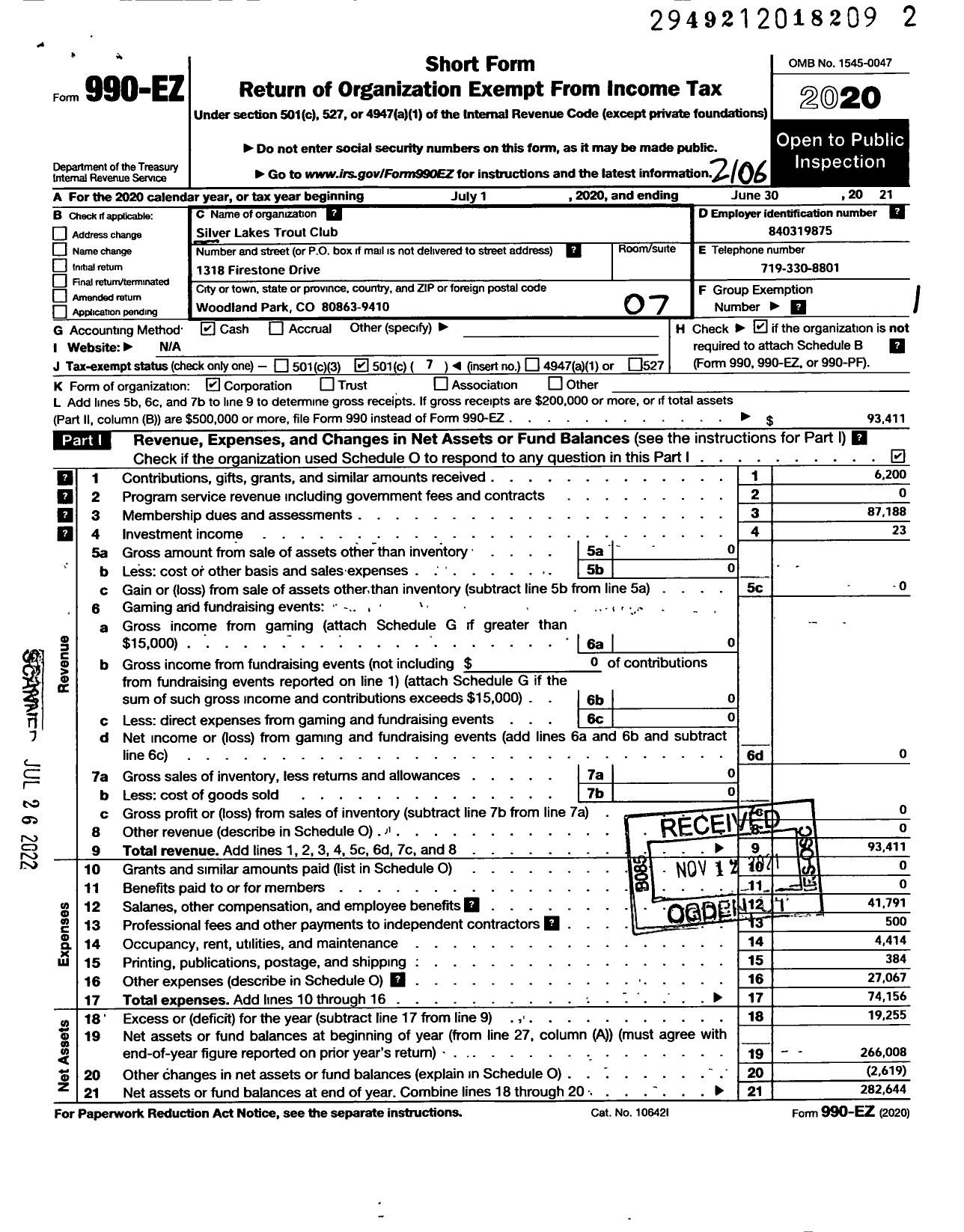 Image of first page of 2020 Form 990EO for Silver Lakes Trout Club