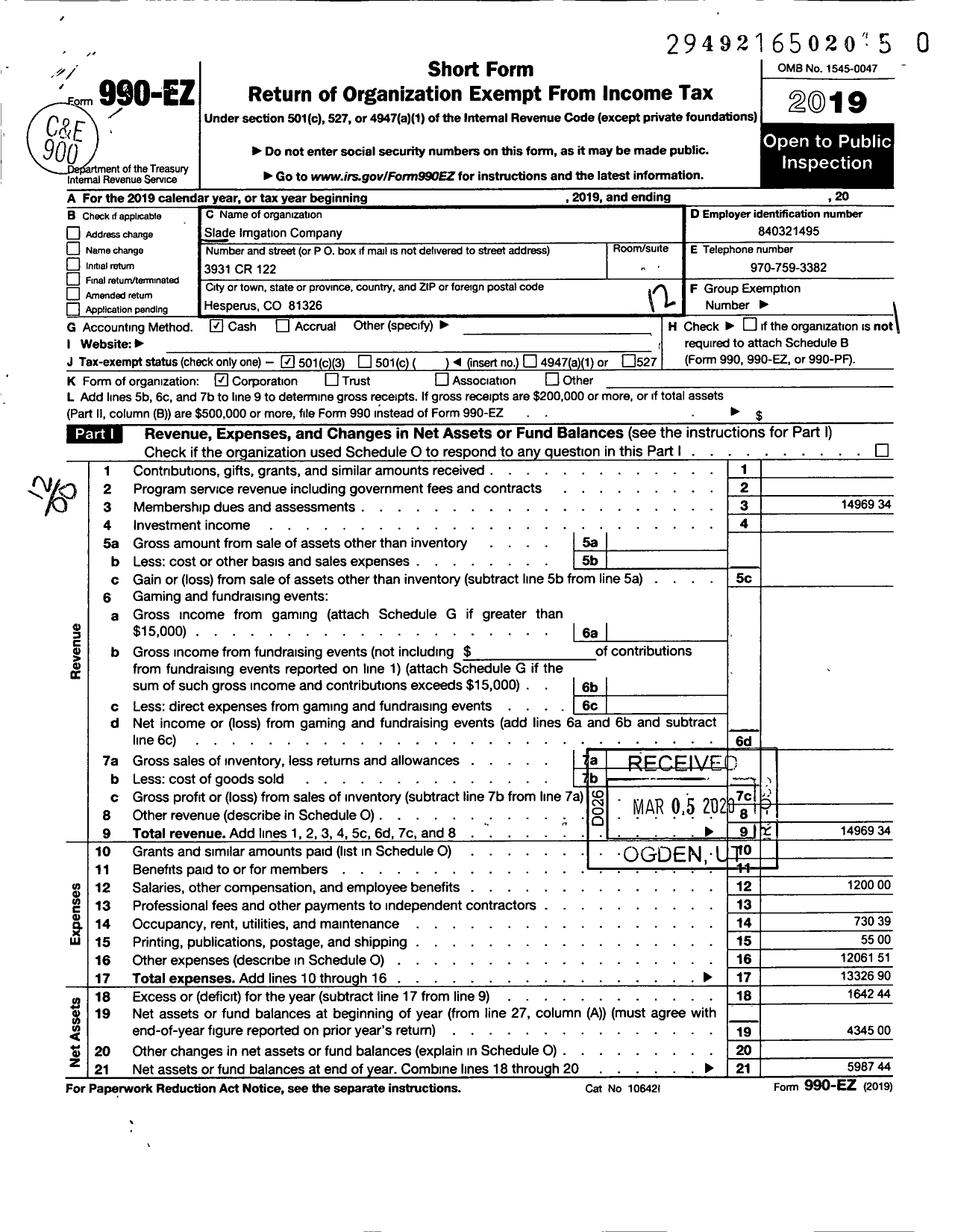 Image of first page of 2019 Form 990EO for Slade Irrigation Company